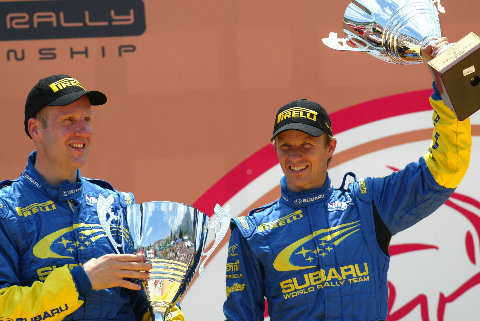 Subaru`s Petter Solberg and Phil Mills on the podium in Turkey after finishing second