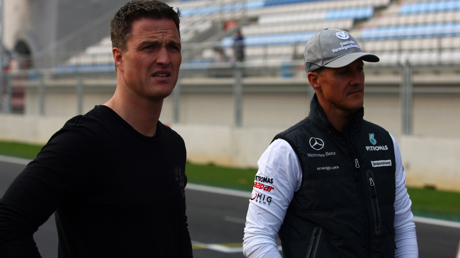 Thursday, Ralf Schumacher (GER) and Michael Schumacher (GER), Mercedes GP F1 Team, MGP W01