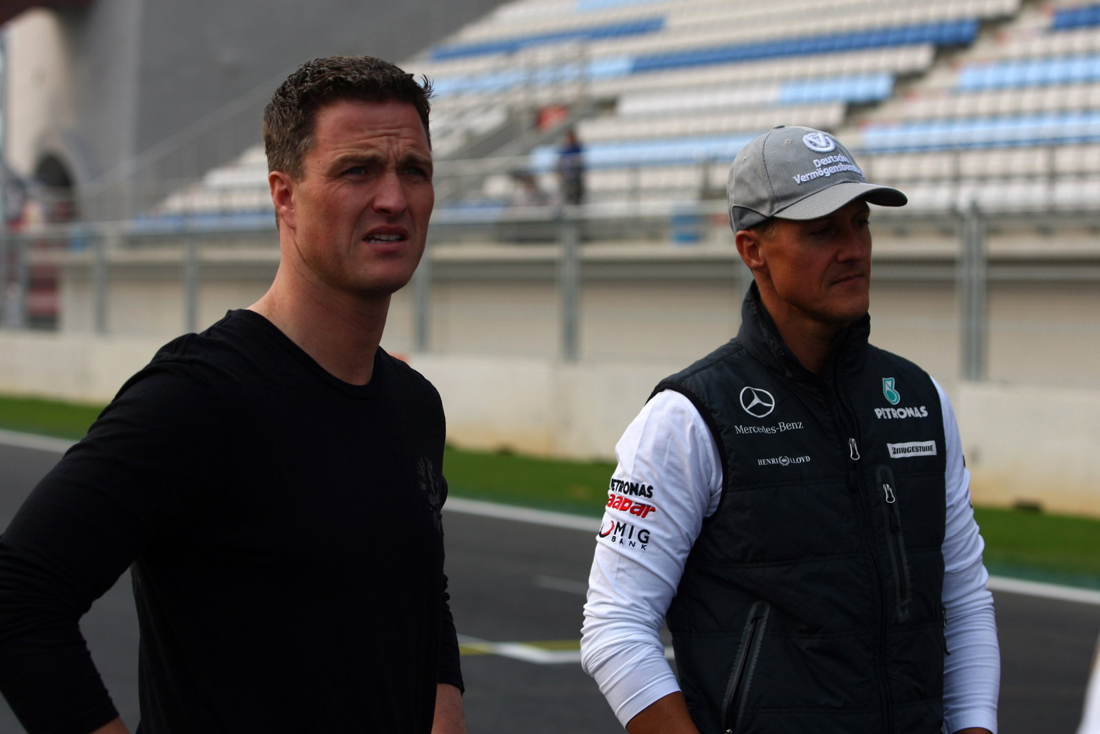 Thursday, Ralf Schumacher (GER) and Michael Schumacher (GER), Mercedes GP F1 Team, MGP W01