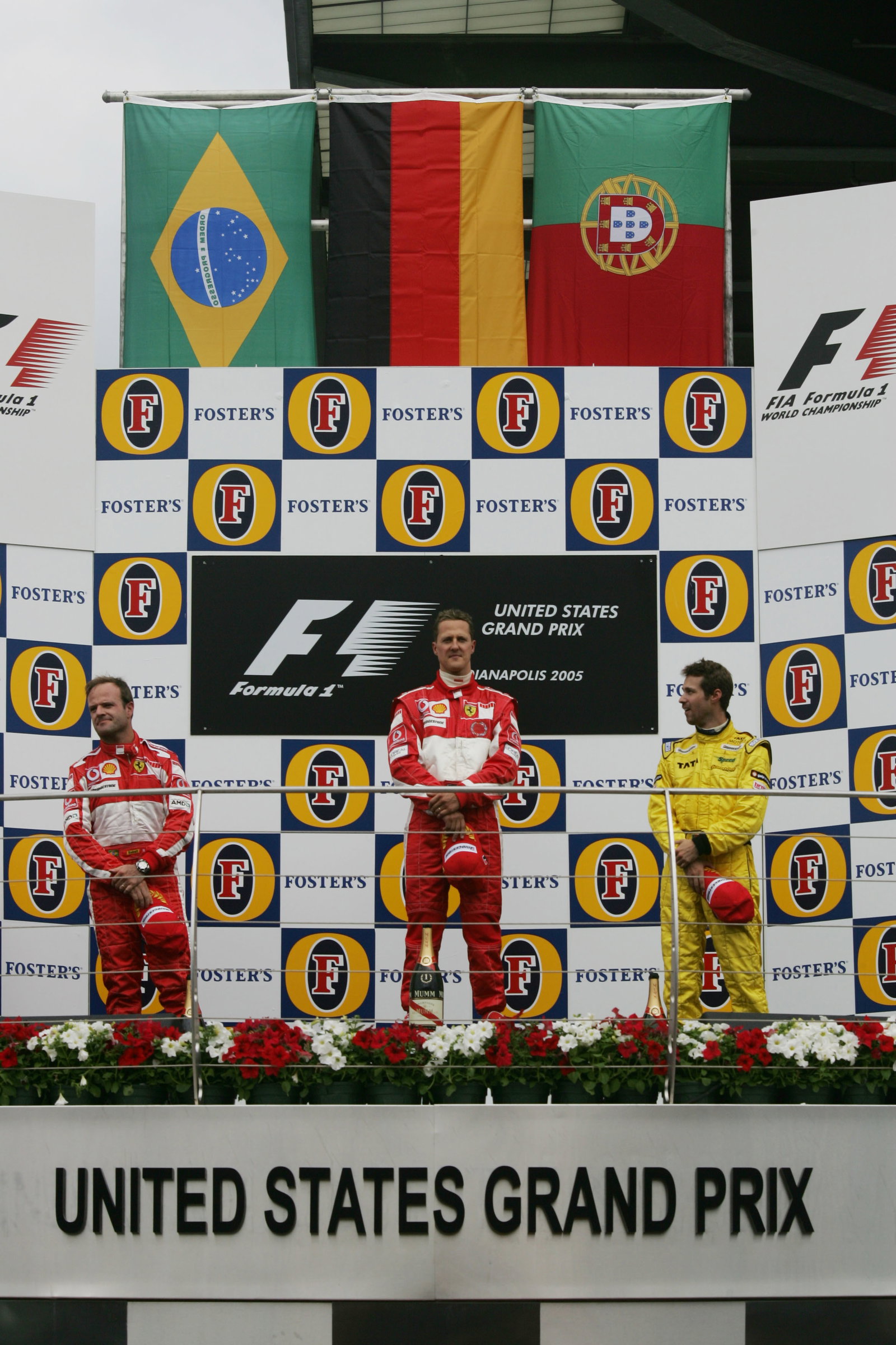 Rubens Barrichello, Michael Schumacher and Tiago Monteiro on the USGP podium