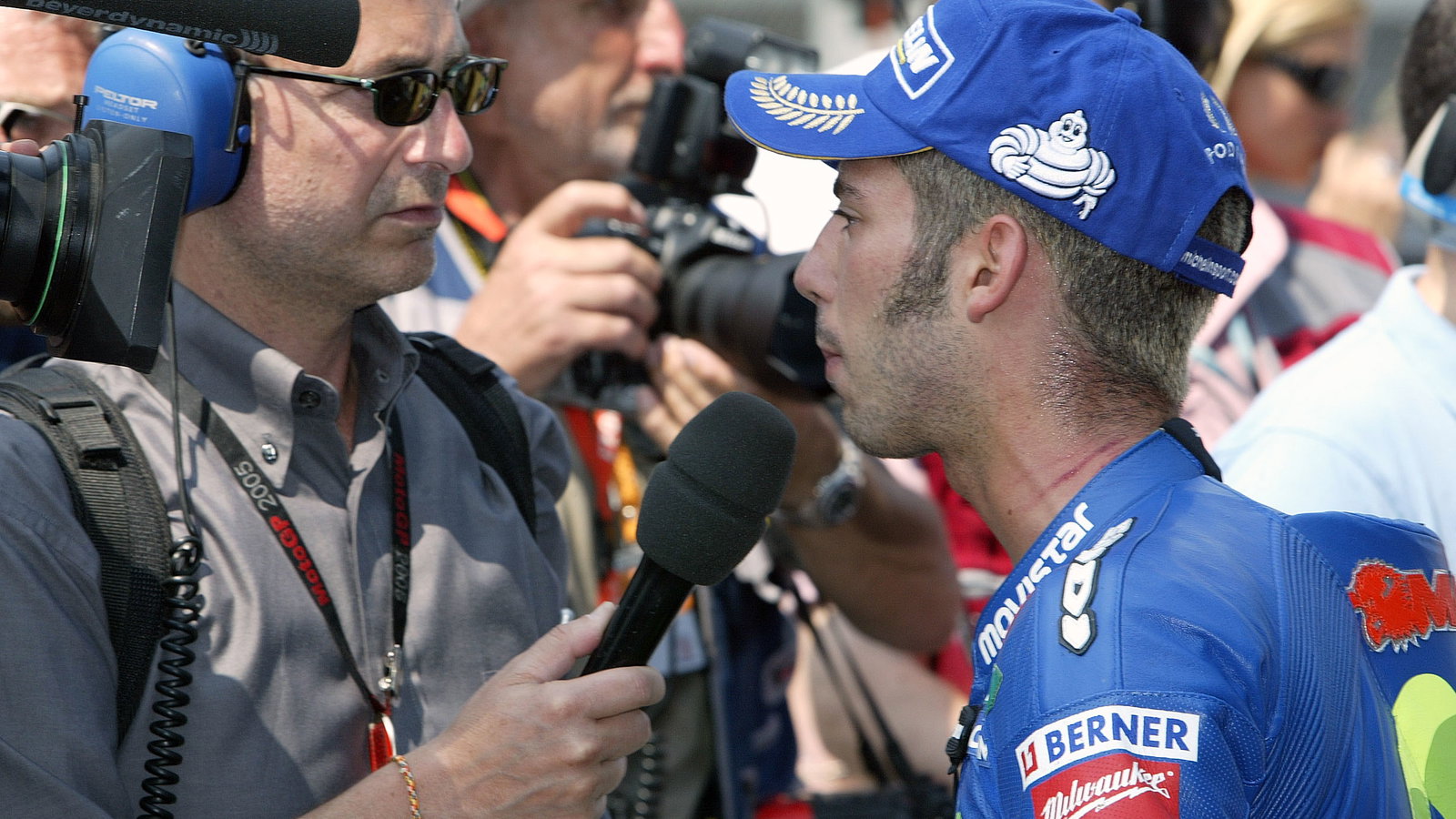 Melandri with scratches on his neck after being grabbed by Biaggi`s uncle, Dutch MotoGP 2005