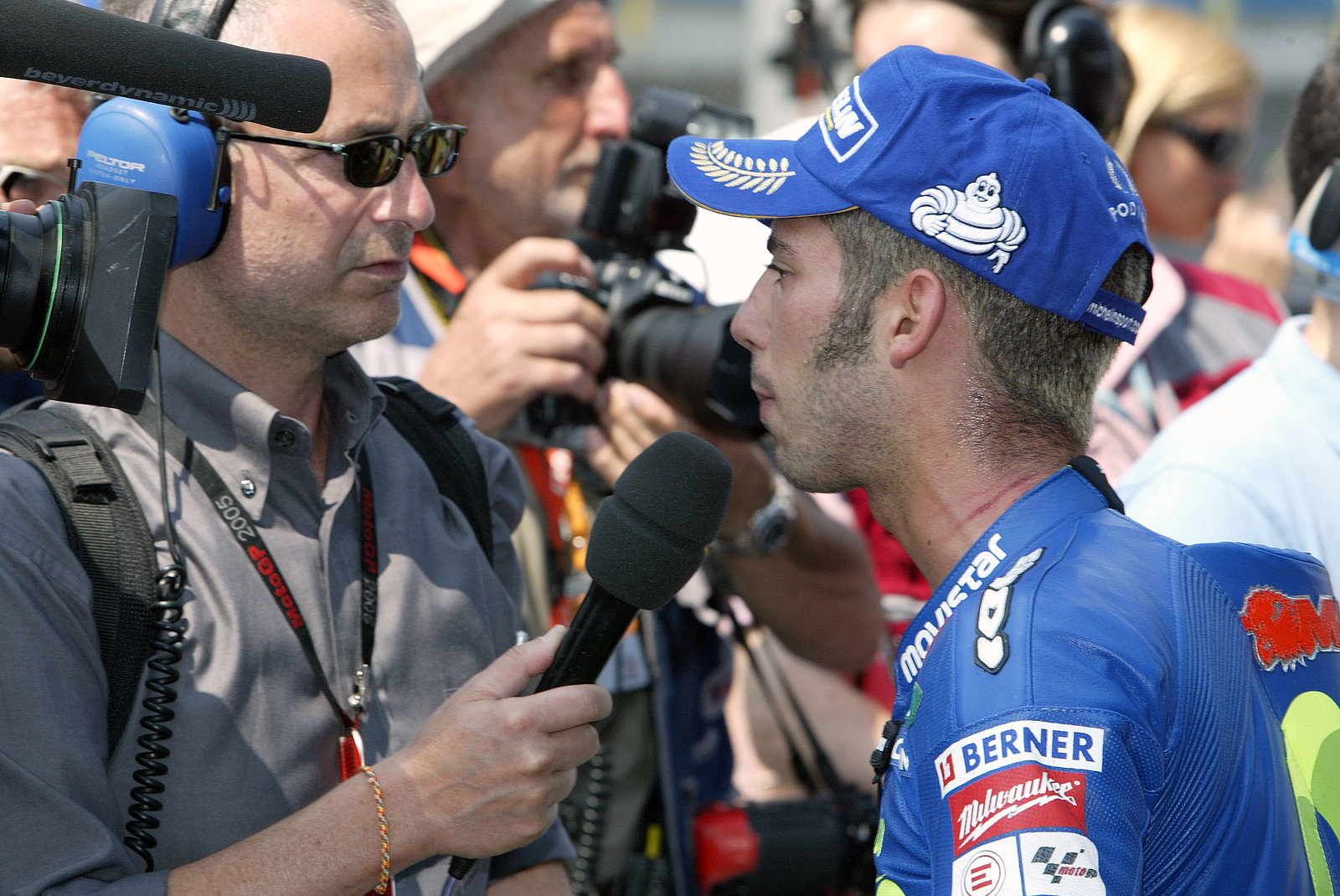 Melandri with scratches on his neck after being grabbed by Biaggi`s uncle, Dutch MotoGP 2005