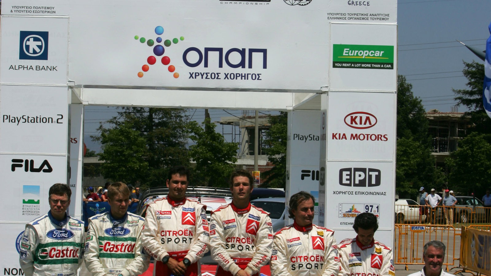 Acropolis Rally winners, Sebastien Loeb and Daniel Elena on the podium with Toni Gardemeister and J