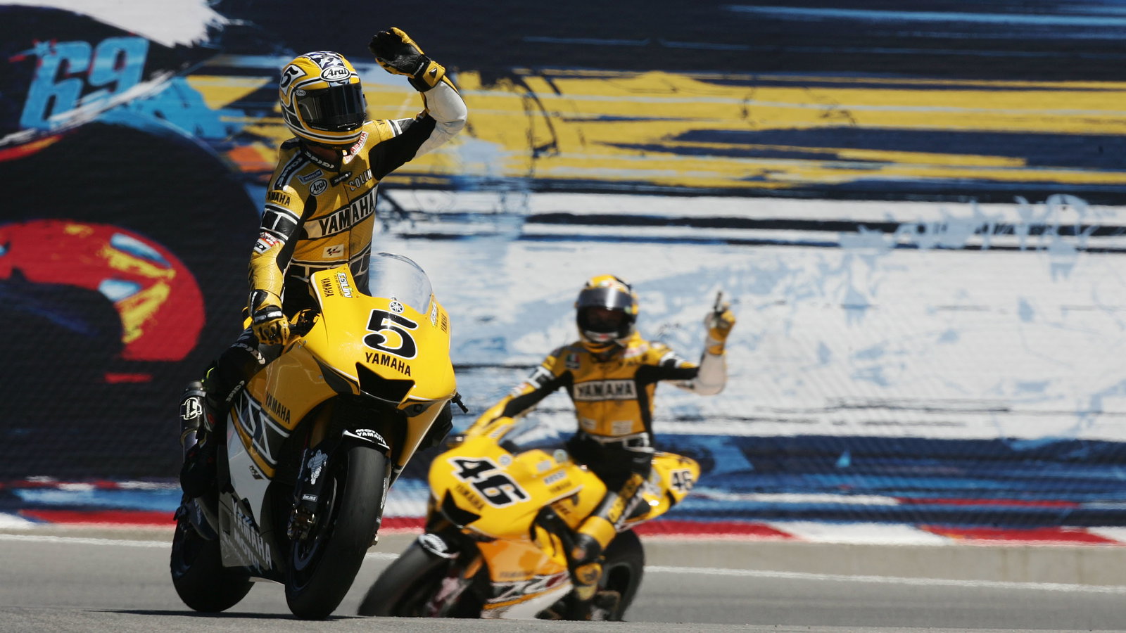 Edwards and Rossi celebrate 2nd and 3rd, U.S.MotoGP, 2005