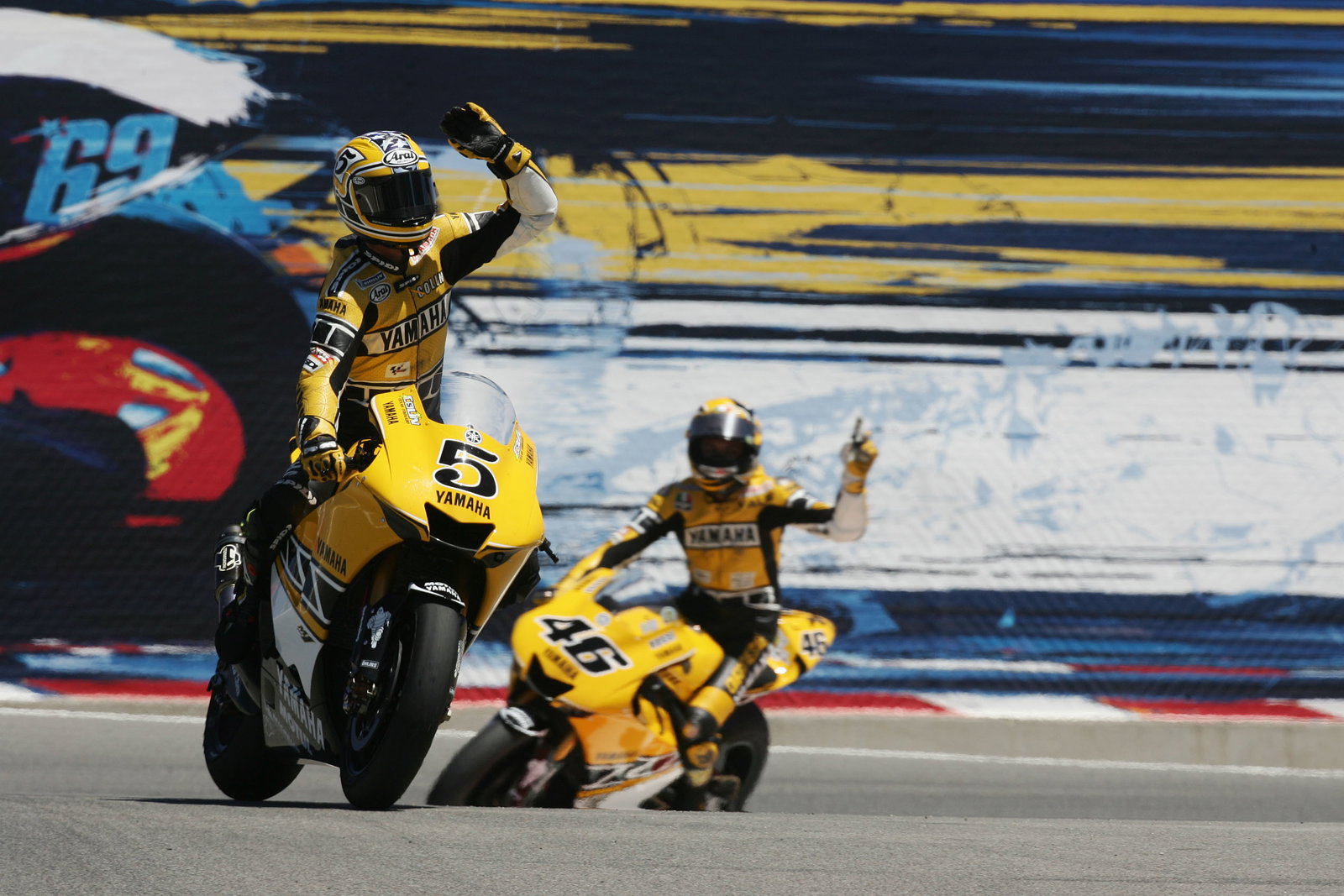 Edwards and Rossi celebrate 2nd and 3rd, U.S.MotoGP, 2005