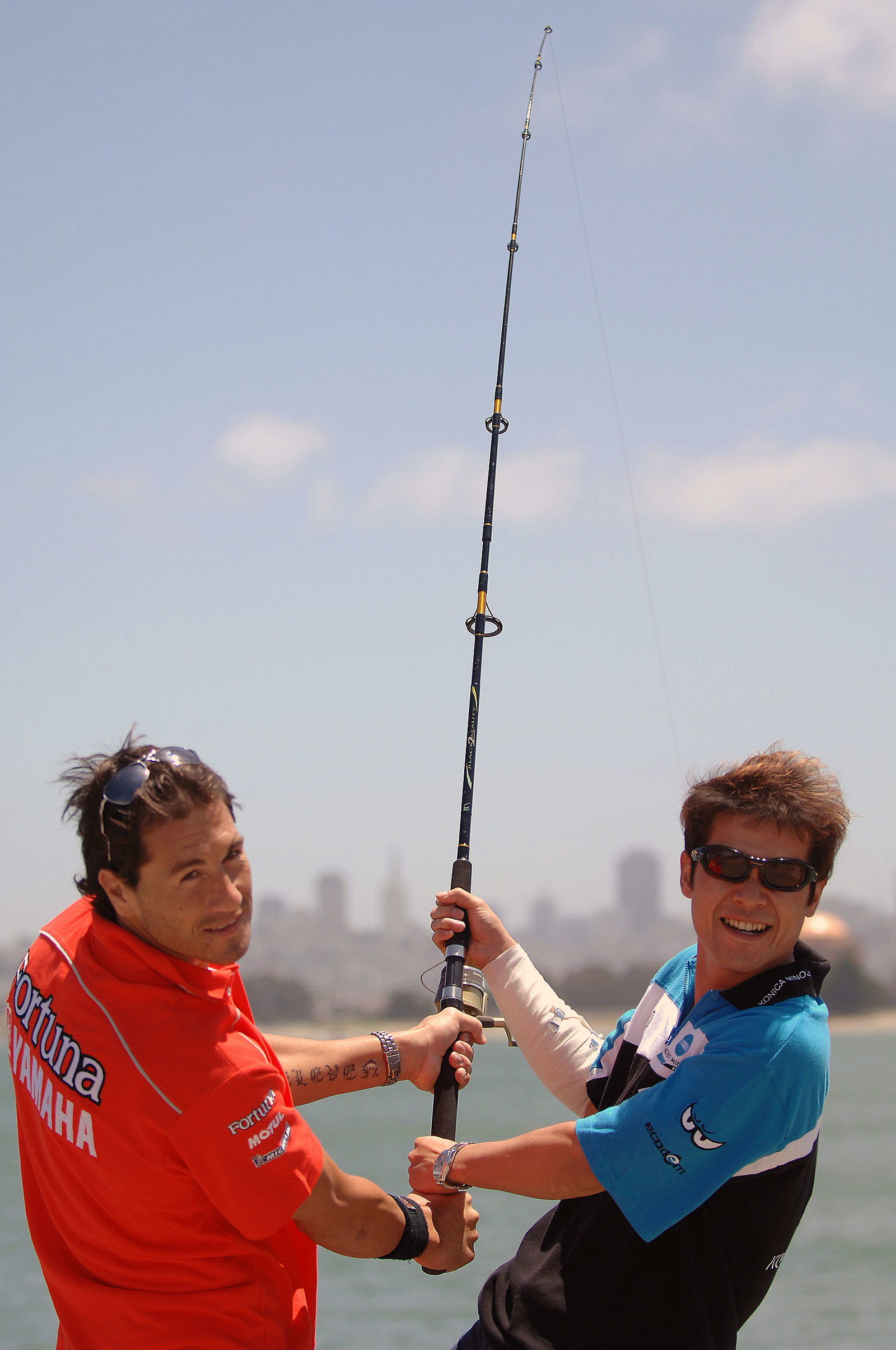 Xaus and Tamada go fishing by the Golden Gate Bridge, US MotoGP 2005