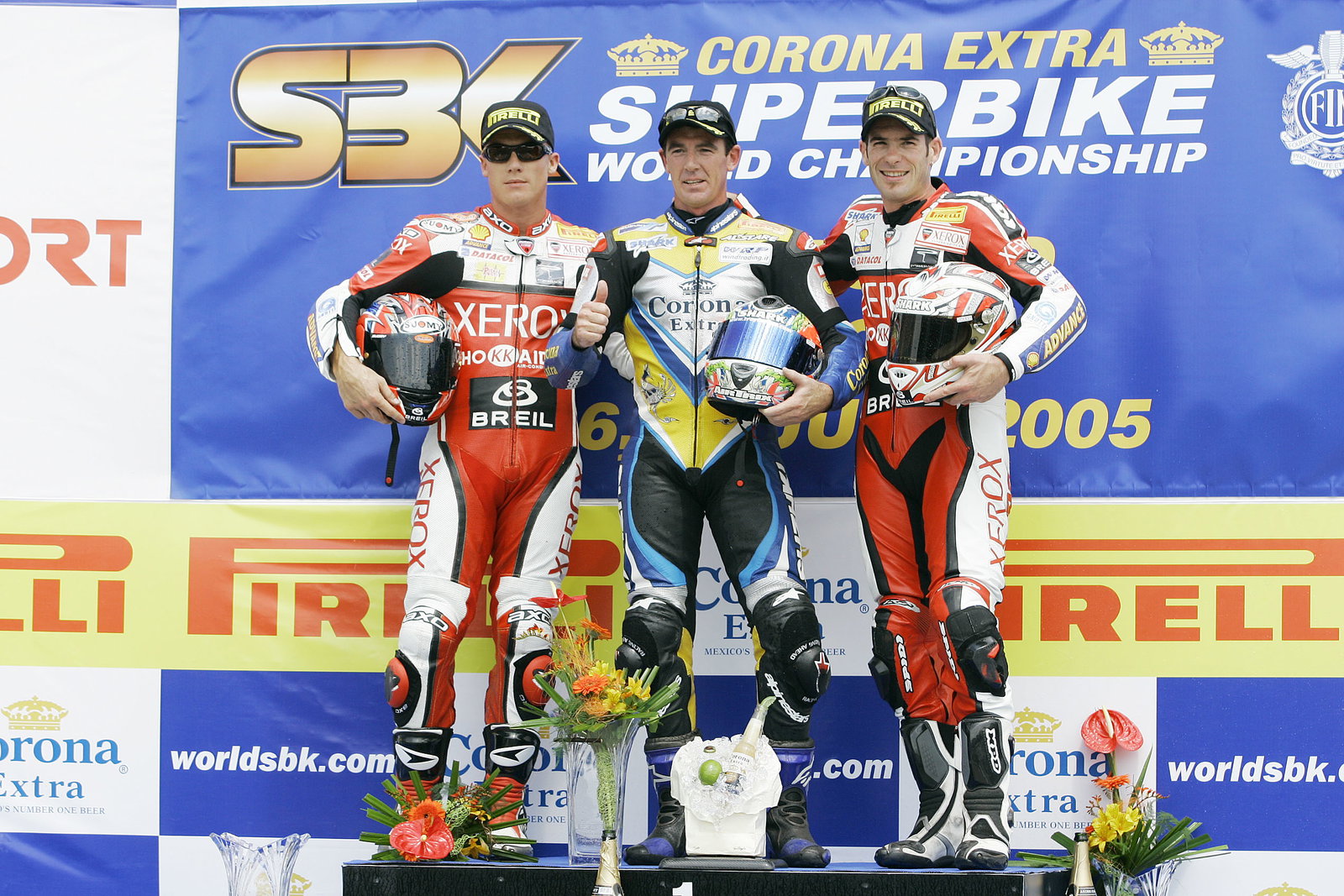 Toseland 2nd, Corser 1st, Laconi 3rd, WSBK Brno Race 1, 2005