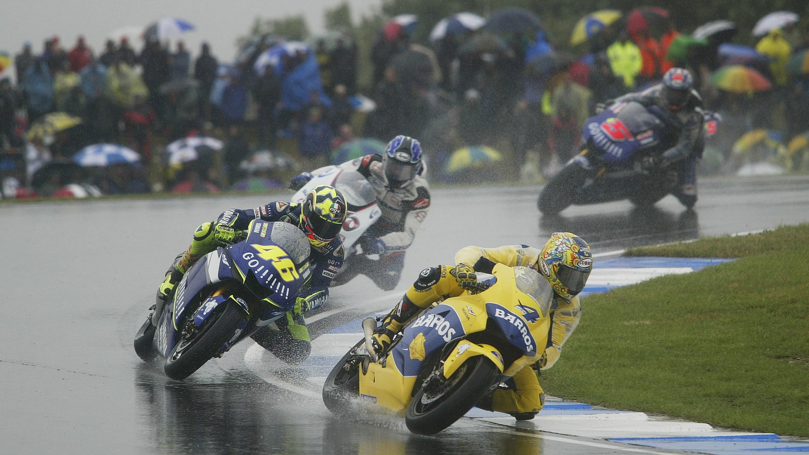 Barros Leads Rossi, Roberts Edwards, British MotoGP Race, 2005
