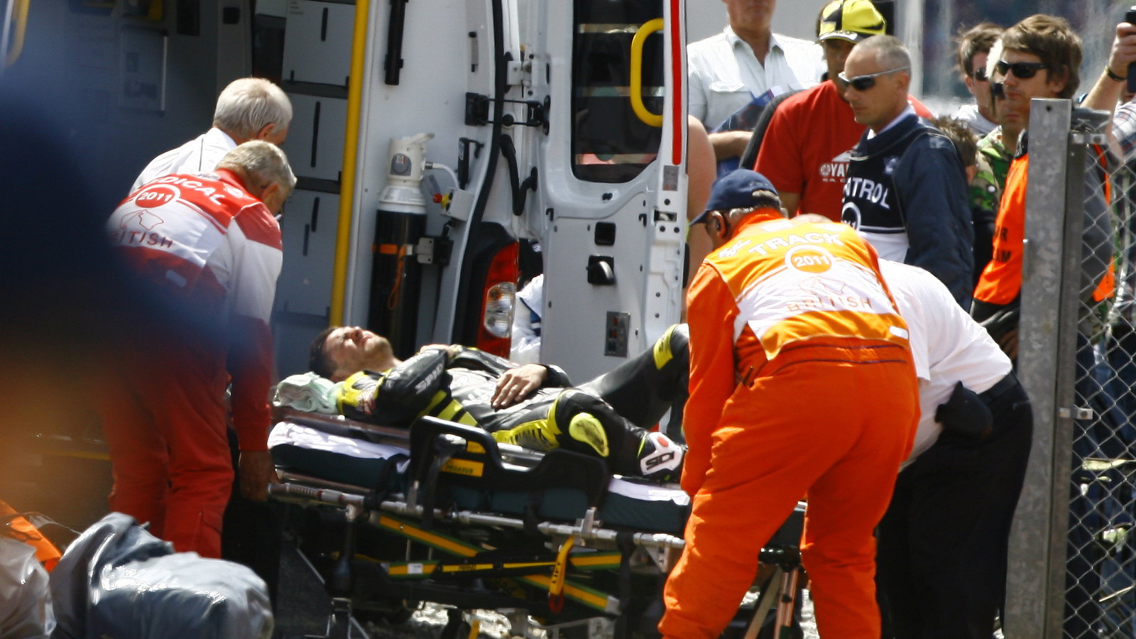 Injured Crutchlow on stretcher, British MotoGP 2011
