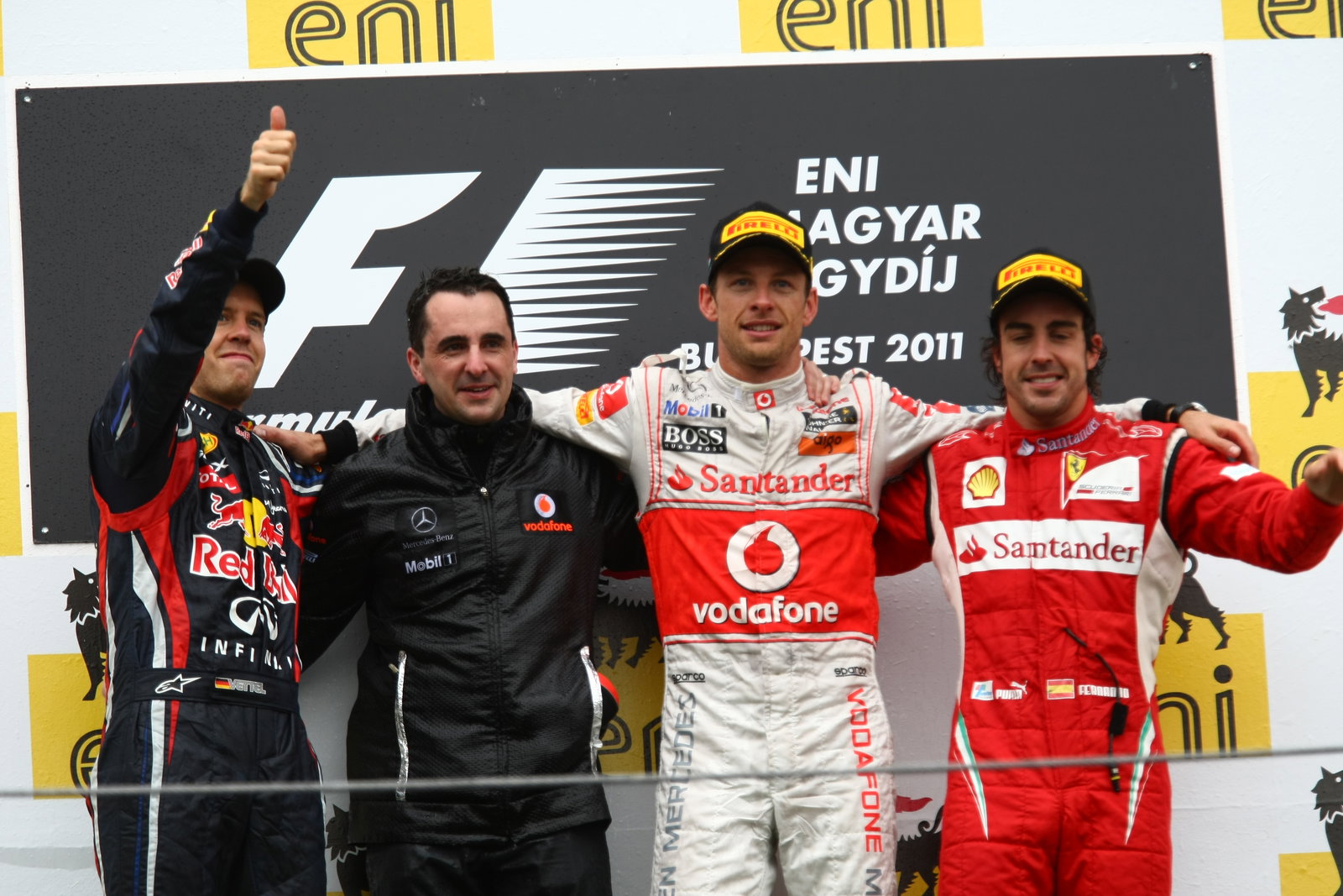 31.07.2011 podium: 1st Jenson Button (GBR), McLaren Mercedes, MP4-26, 2nd Sebastian Vettel (GER), Re
