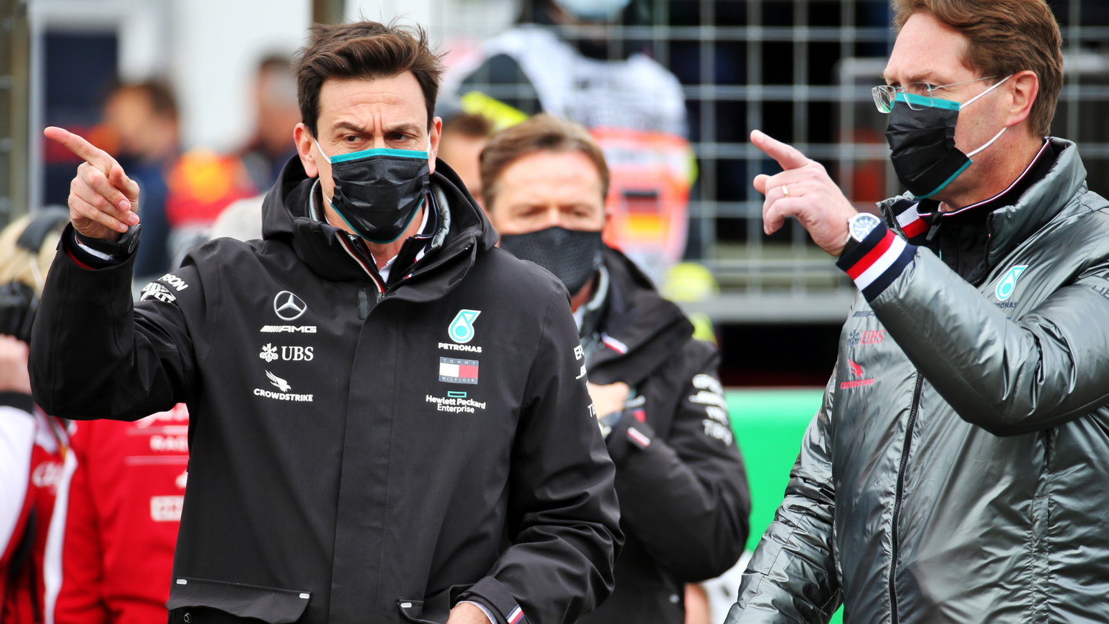 (L to R): Toto Wolff (GER) Mercedes AMG F1 Shareholder and Executive Director with Ola Kallenius (SWE) Daimler Chairman of the Board of Management and Head of Mercedes-Benz on the grid.