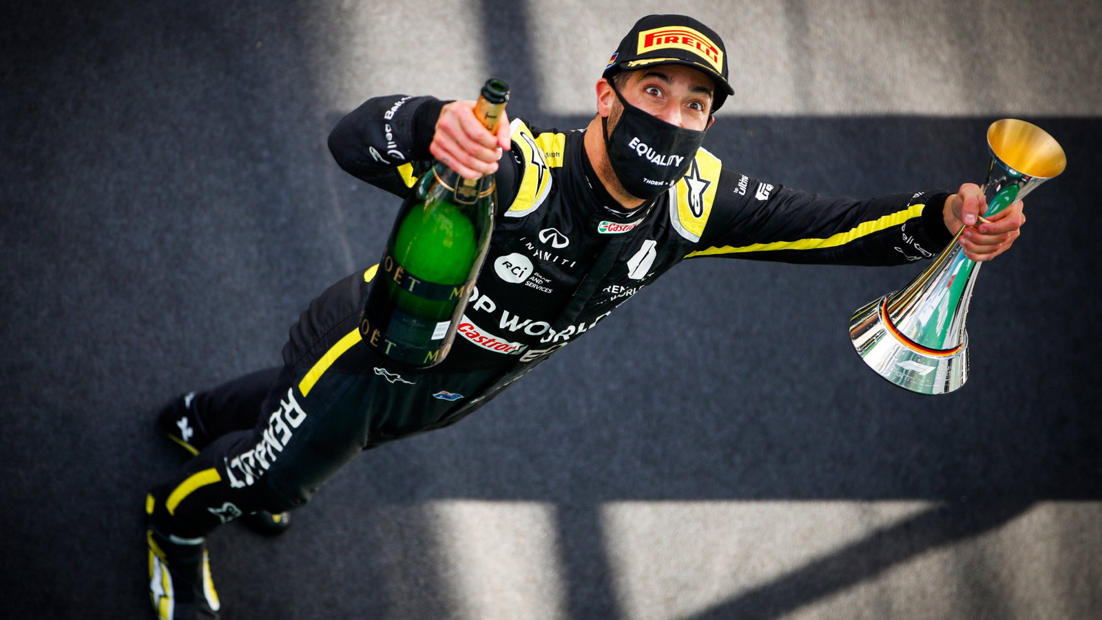 Daniel Ricciardo (AUS) Renault F1 Team celebrates his third position on the podium.
