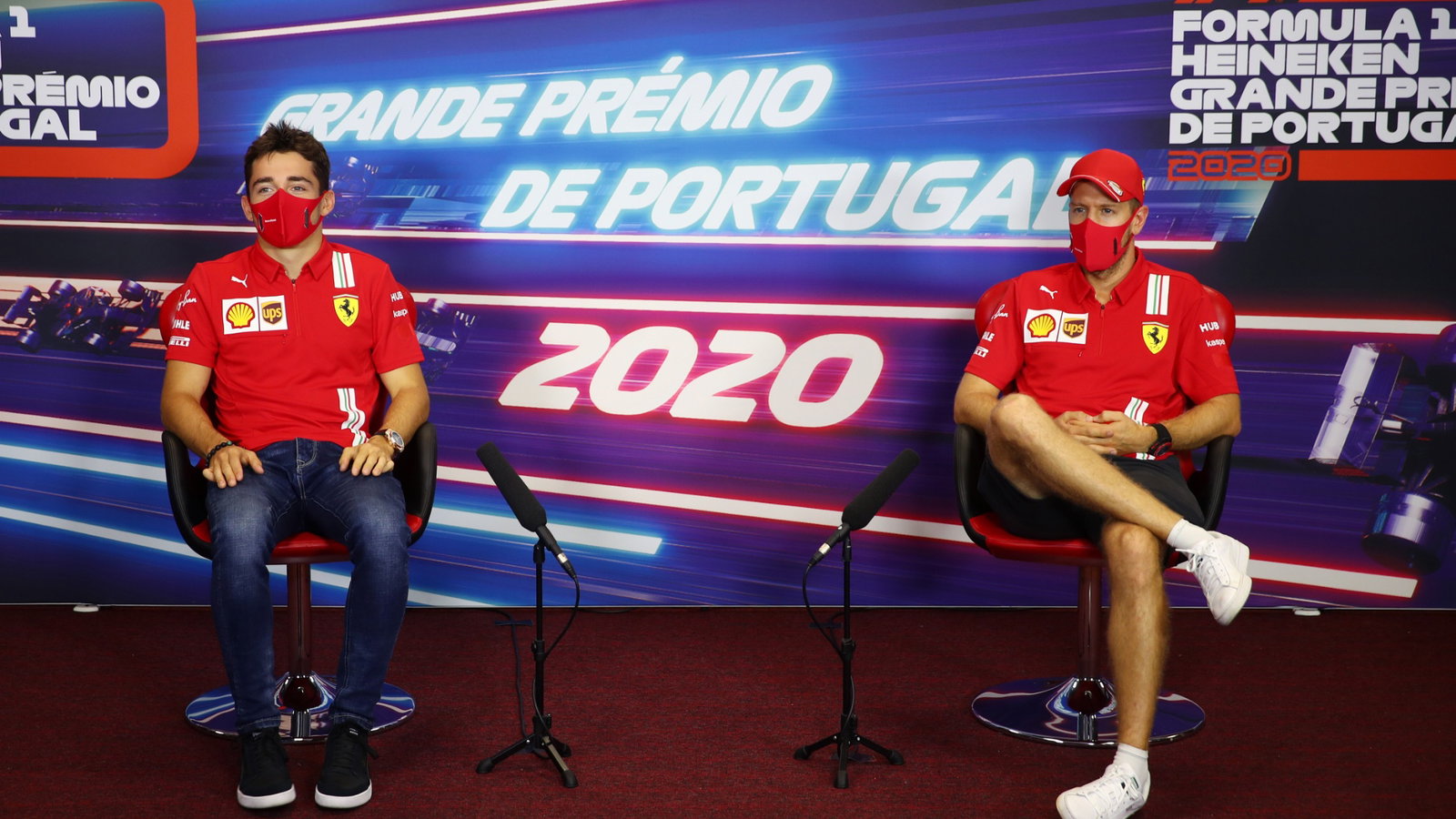 (L to R): Charles Leclerc (MON) Ferrari and team mate Sebastian Vettel (GER) Ferrari in the FIA Press Conference.
