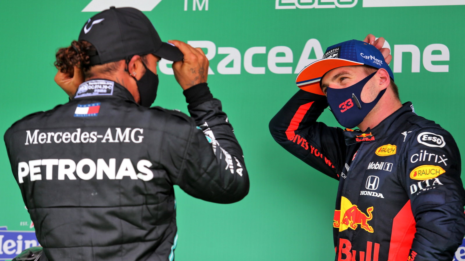 (L to R): Race winner Lewis Hamilton (GBR) Mercedes AMG F1 in parc ferme with Max Verstappen (NLD) Red Bull Racing.