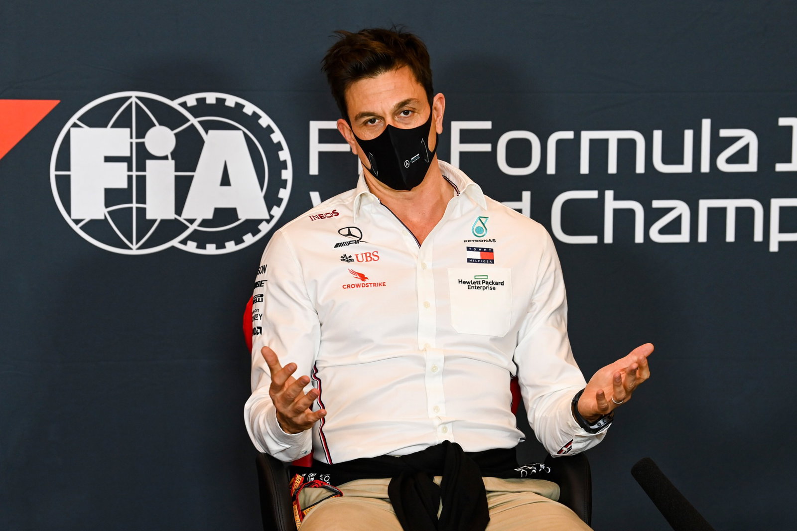 Toto Wolff (GER) Mercedes AMG F1 Shareholder and Executive Director in the FIA Press Conference.