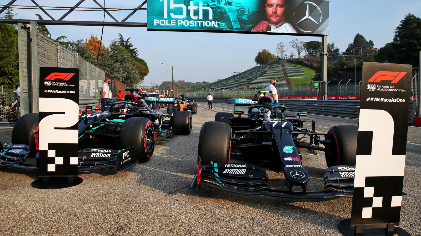 Pole sitter Valtteri Bottas (FIN) Mercedes AMG F1 W11 and second placed team mate Lewis Hamilton (GBR) Mercedes AMG F1 W11 in qualifying parc ferme.
