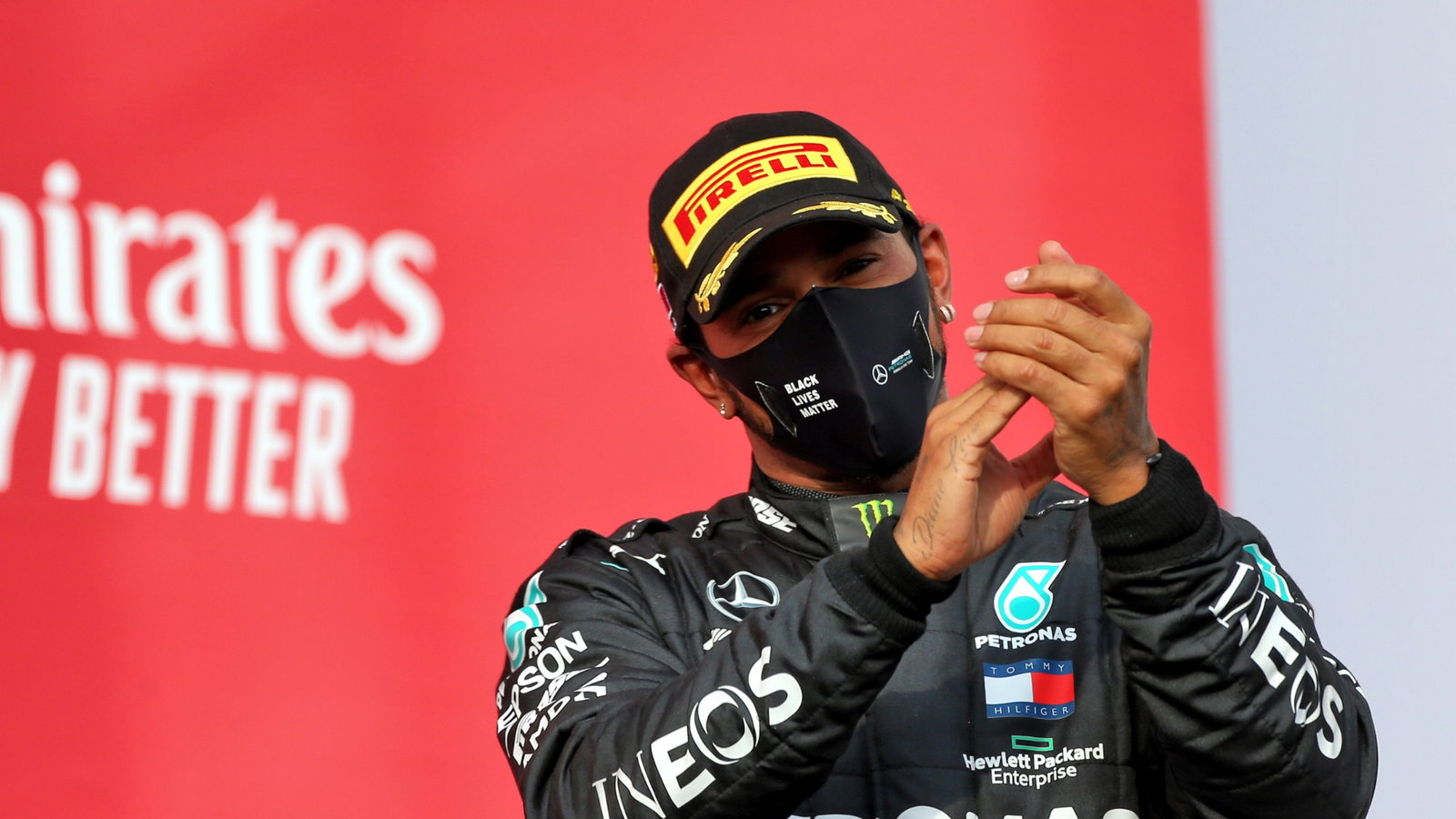 Race winner Lewis Hamilton (GBR) Mercedes AMG F1 celebrates on the podium.