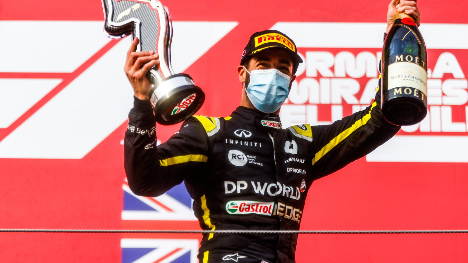 Daniel Ricciardo (AUS) Renault F1 Team celebrates his third position on the podium.