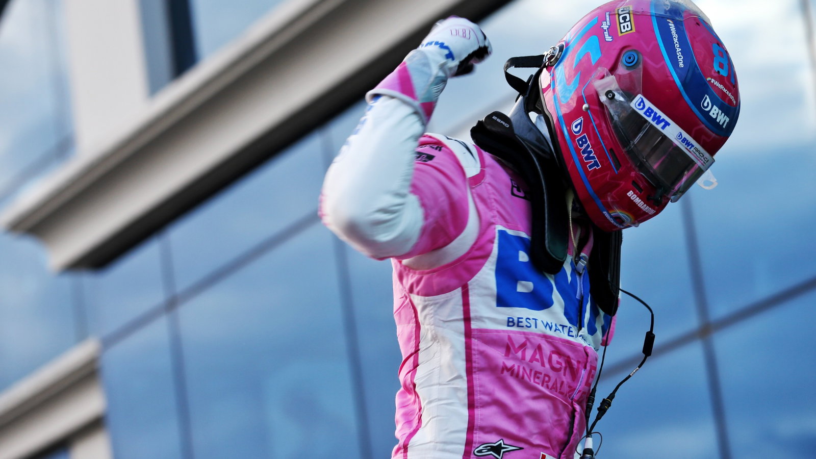 Lance Stroll (CDN) Racing Point F1 Team celebrates his pole position in qualifying parc ferme.