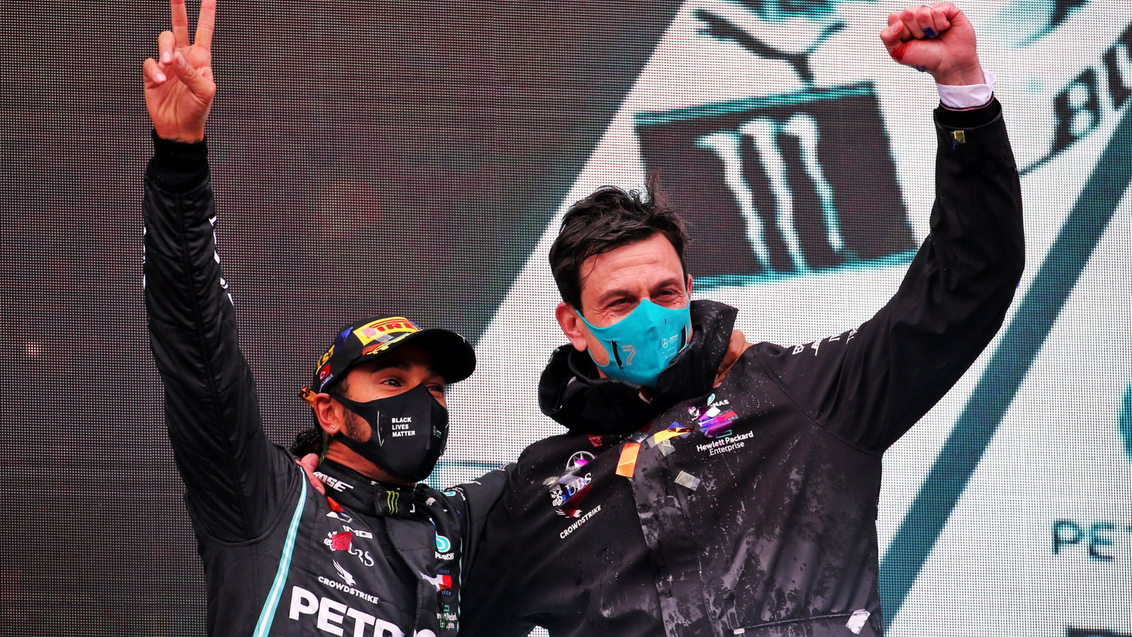 Race winner and World Champion Lewis Hamilton (GBR) Mercedes AMG F1 celebrates on the podium with Toto Wolff (GER) Mercedes AMG F1 Shareholder and Executive Director.