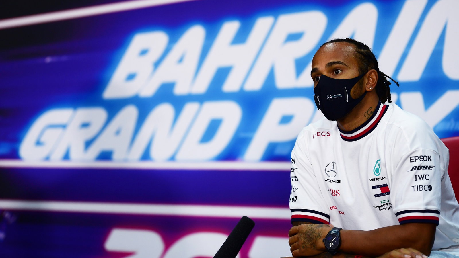 Lewis Hamilton (GBR) Mercedes AMG F1 in the FIA Press Conference.