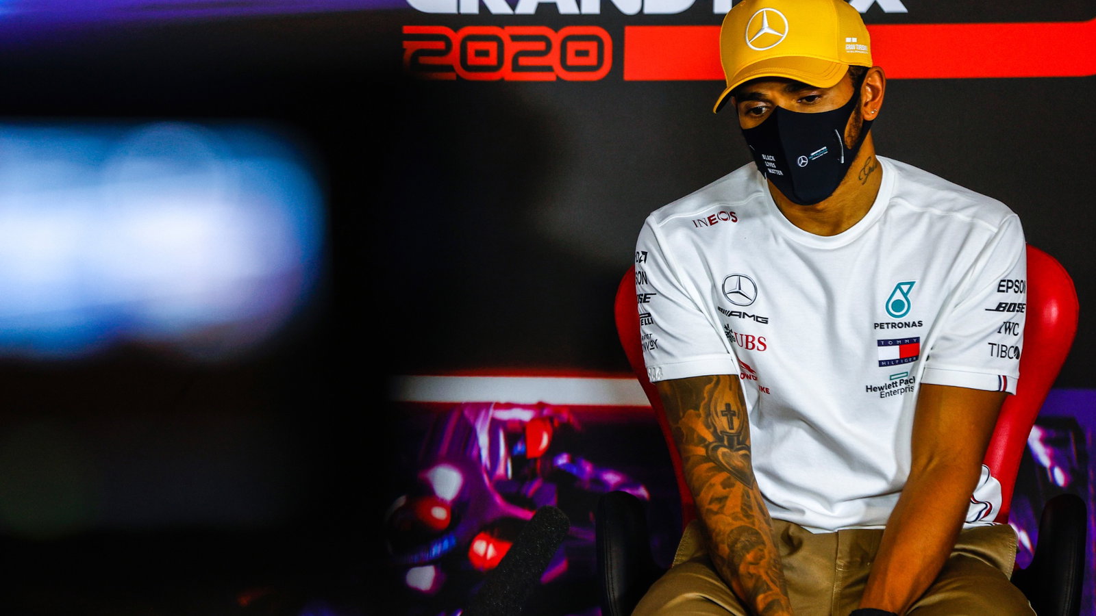 Lewis Hamilton (GBR) Mercedes AMG F1 in the post race FIA Press Conference.