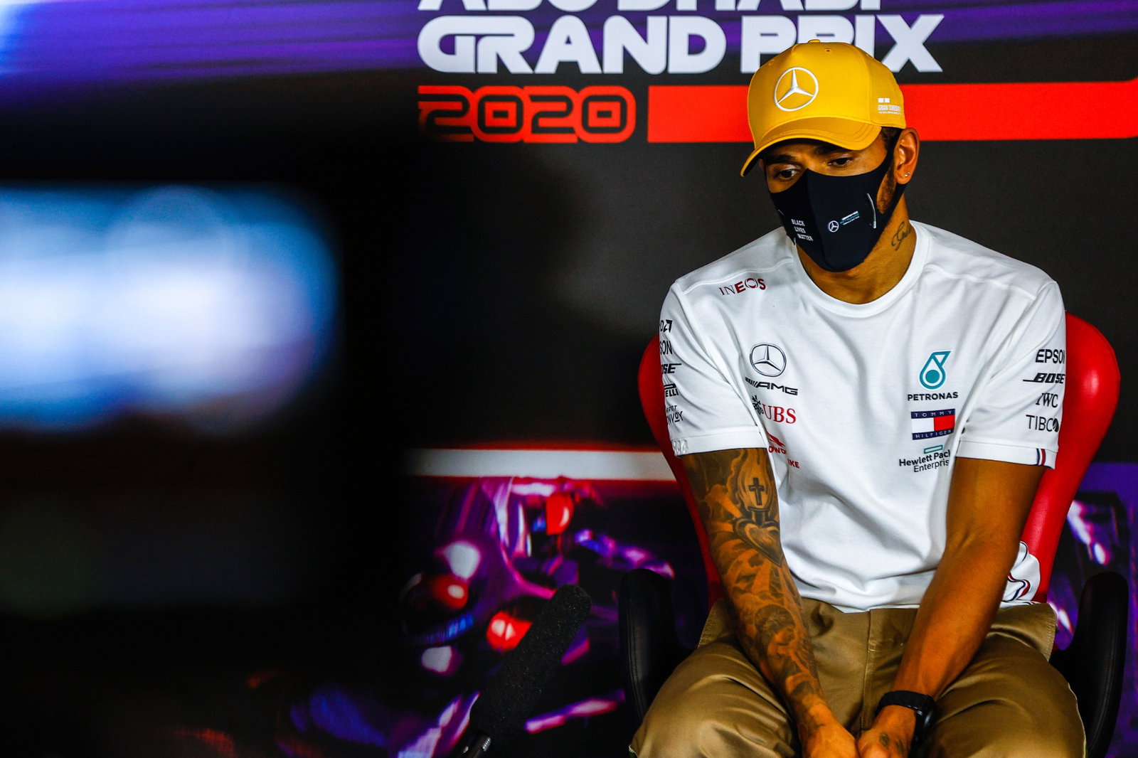 Lewis Hamilton (GBR) Mercedes AMG F1 in the post race FIA Press Conference.