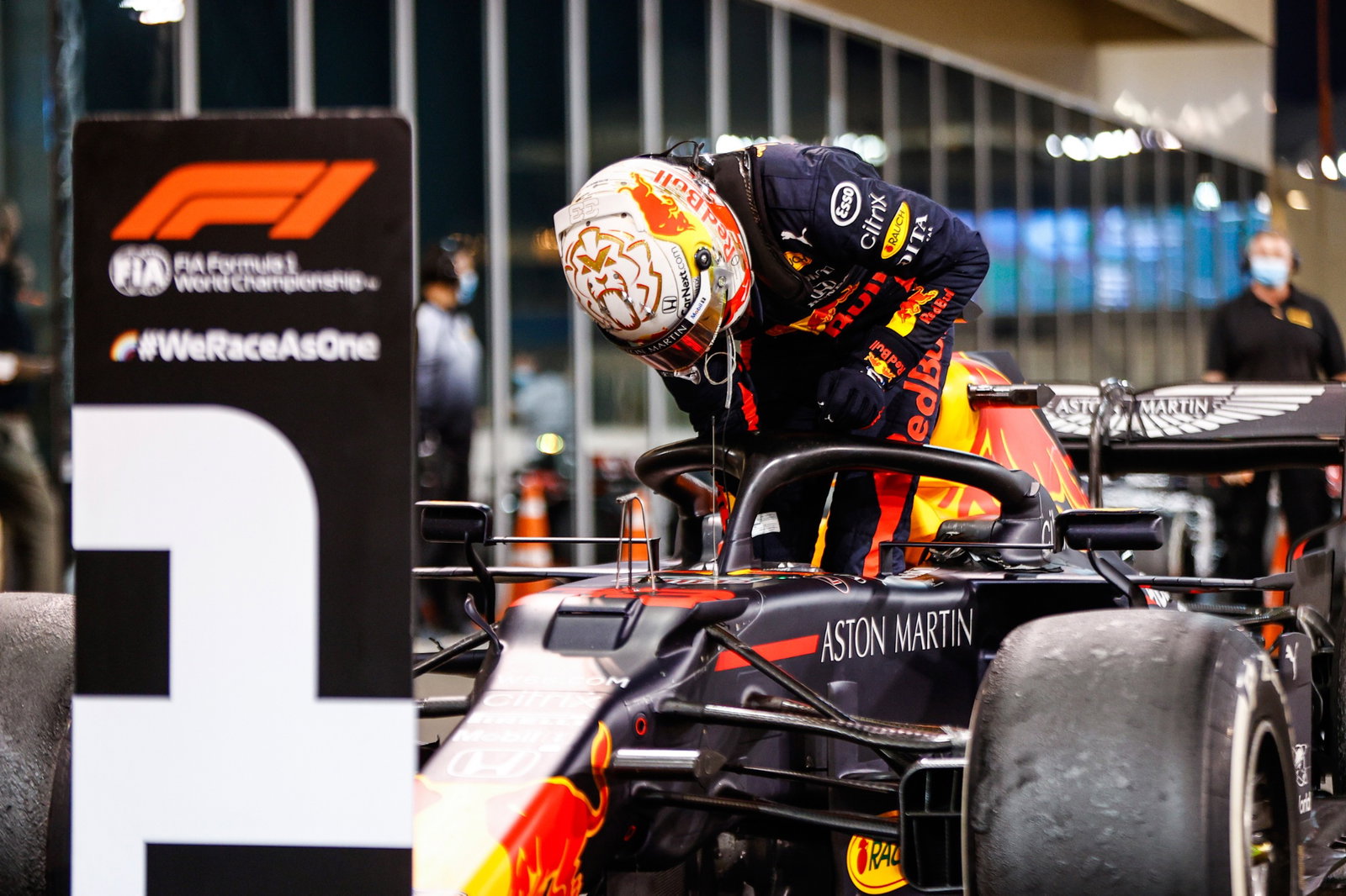 Race winner Max Verstappen (NLD) Red Bull Racing RB16 in parc ferme.