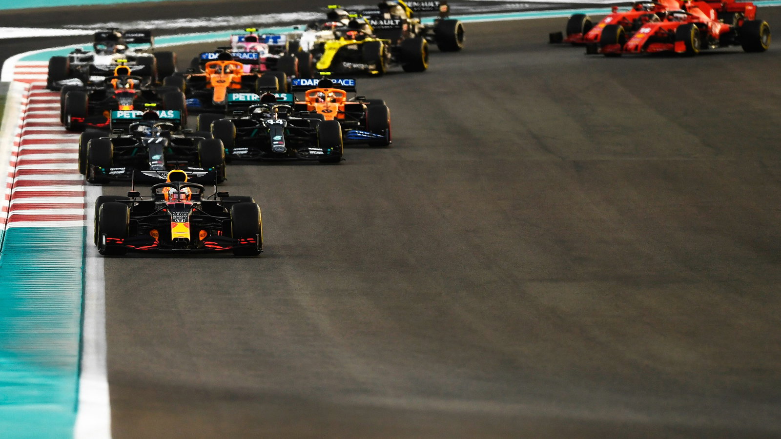 Max Verstappen (NLD) Red Bull Racing RB16 leads at the start of the race.