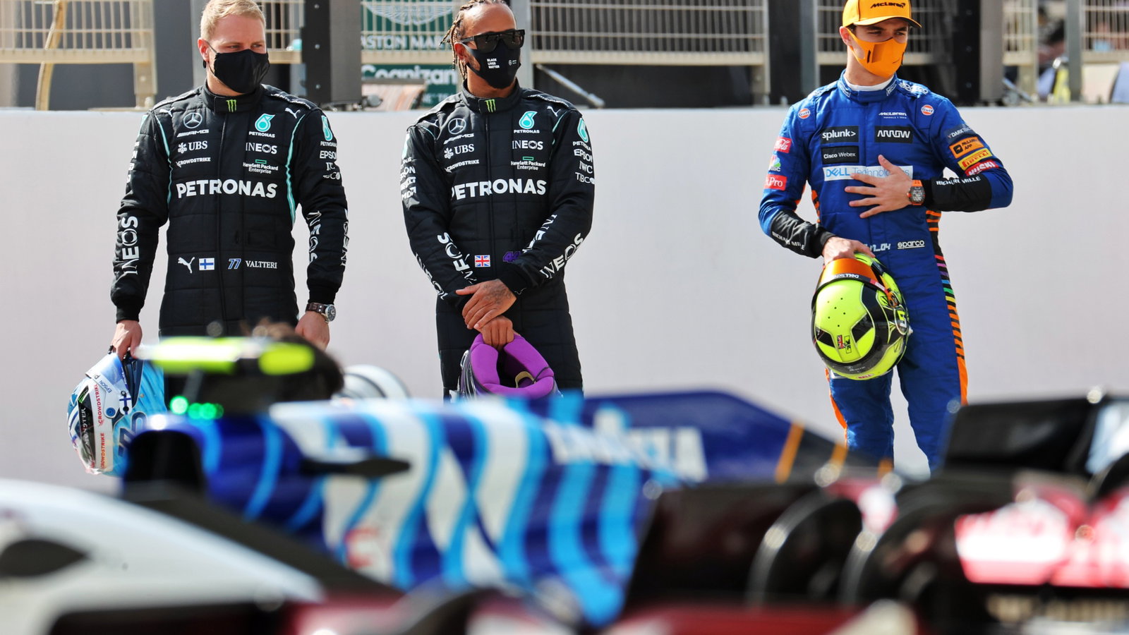 (L to R): Valtteri Bottas (FIN) Mercedes AMG F1; Lewis Hamilton (GBR) Mercedes AMG F1; and Lando Norris (GBR) McLaren.