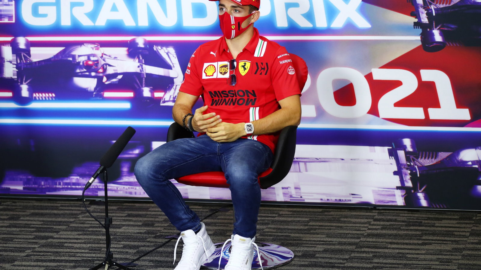 Charles Leclerc (MON) Ferrari in the FIA Press Conference.