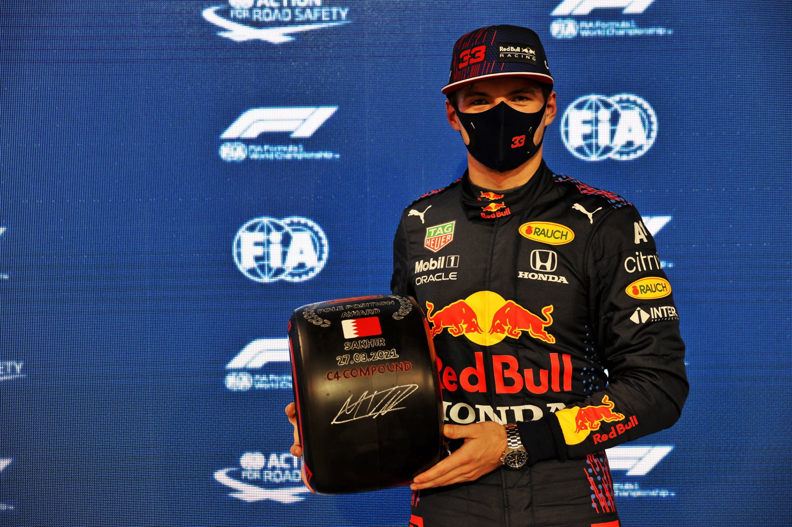 Max Verstappen (NLD) Red Bull Racing celebrates his pole position in qualifying parc ferme.
