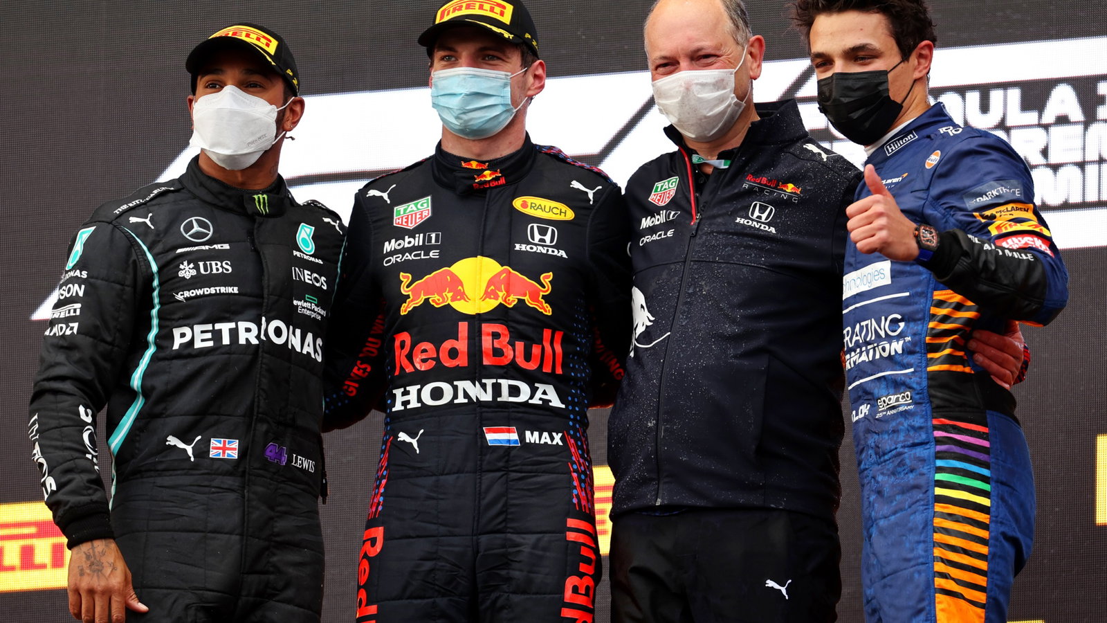 The podium (L to R): Lewis Hamilton (GBR) Mercedes AMG F1, second; Max Verstappen (NLD) Red Bull Racing, race winner; Karl Sengstbratl, Red Bull Racing Finance & Operations Director; Lando Norris (GBR) McLaren, third