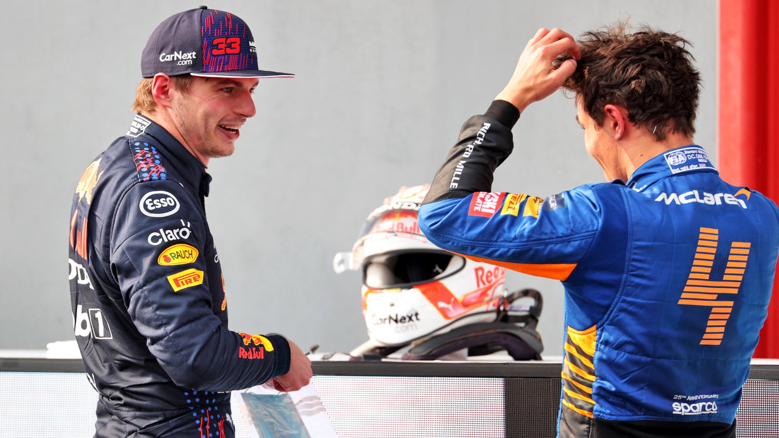 (L to R): Race winner Max Verstappen (NLD) Red Bull Racing and third placed Lando Norris (GBR) McLaren in parc ferme.