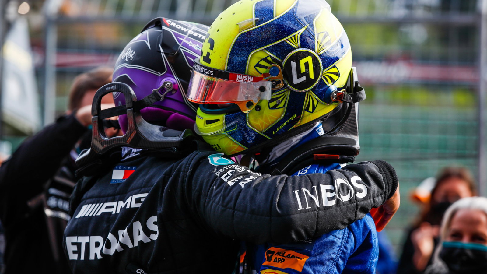 (L to R): Lewis Hamilton (GBR) Mercedes AMG F1 celebrates his second position with third placed Lando Norris (GBR) McLaren in parc ferme.
