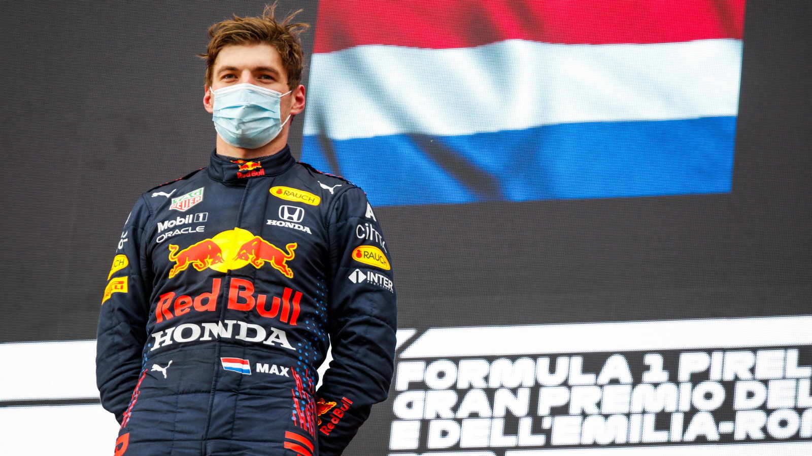 Race winner Max Verstappen (NLD) Red Bull Racing on the podium.