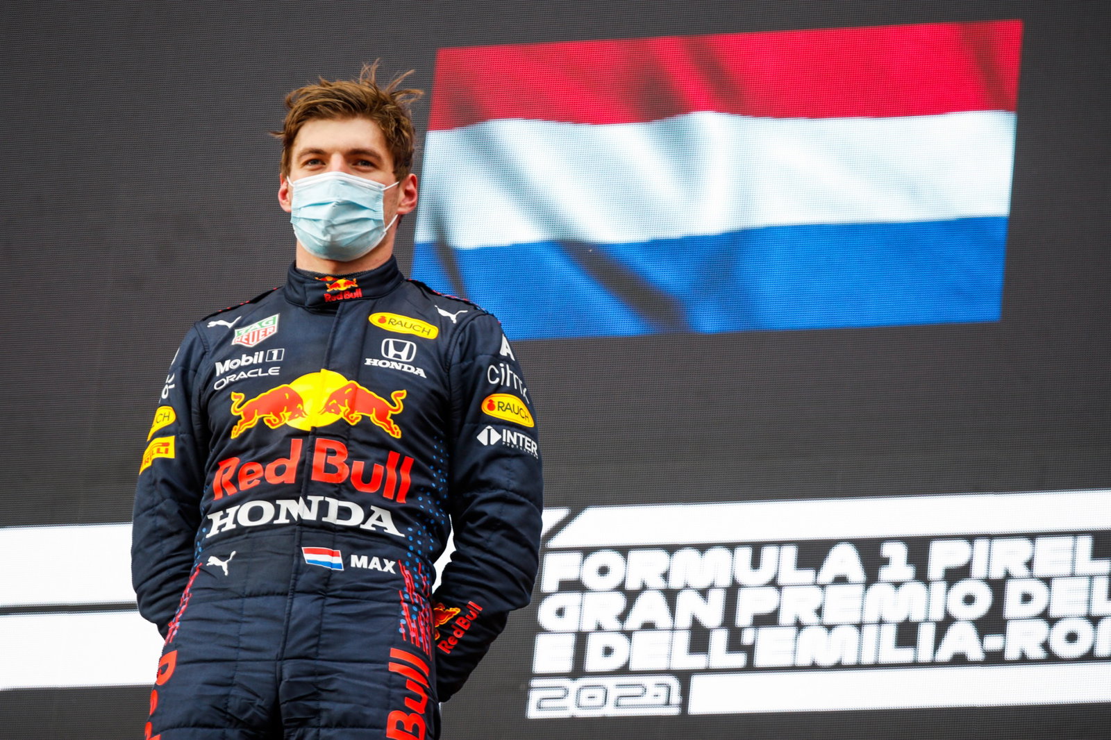Race winner Max Verstappen (NLD) Red Bull Racing on the podium.