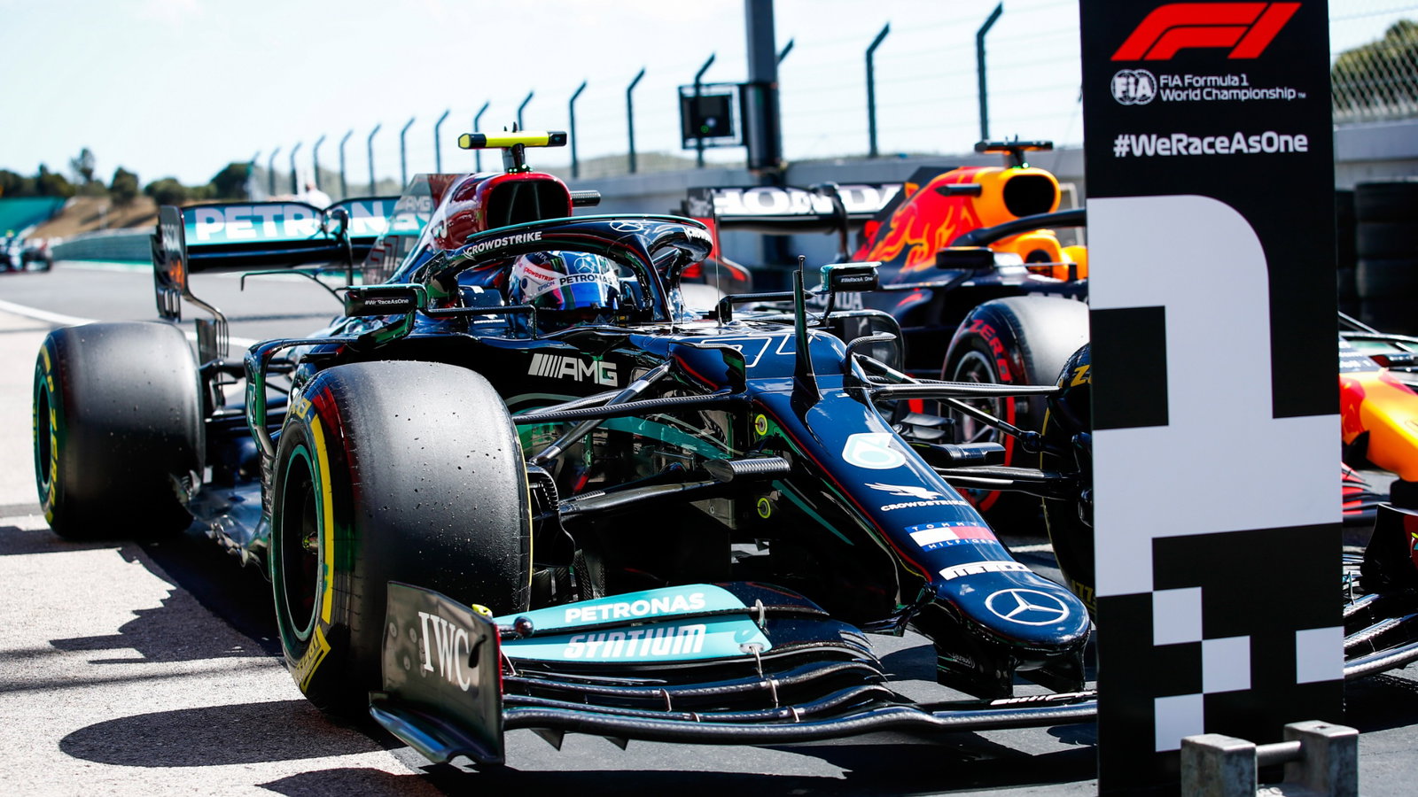Pole sitter Valtteri Bottas (FIN) Mercedes AMG F1 W12 in qualifying parc ferme.