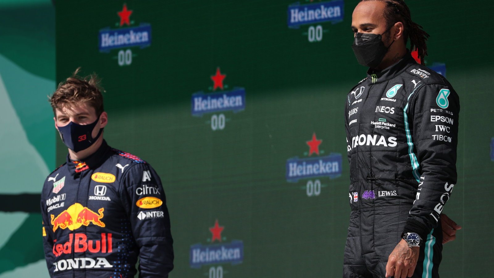 1st place Lewis Hamilton (GBR) Mercedes AMG F1 and 2nd place Max Verstappen (NLD) Red Bull Racing.