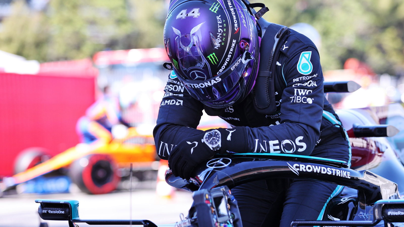 Pole sitter Lewis Hamilton (GBR) Mercedes AMG F1 W12 in qualifying parc ferme.