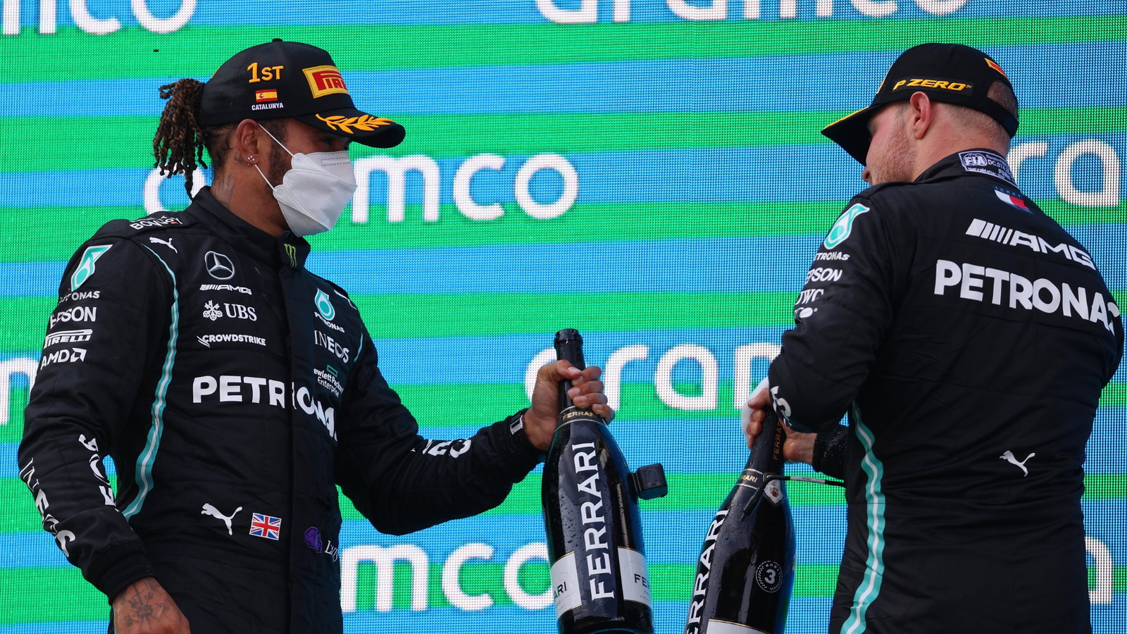 Lewis Hamilton (GBR) Mercedes AMG F1 W12 and Valtteri Bottas (FIN) Mercedes AMG F1.