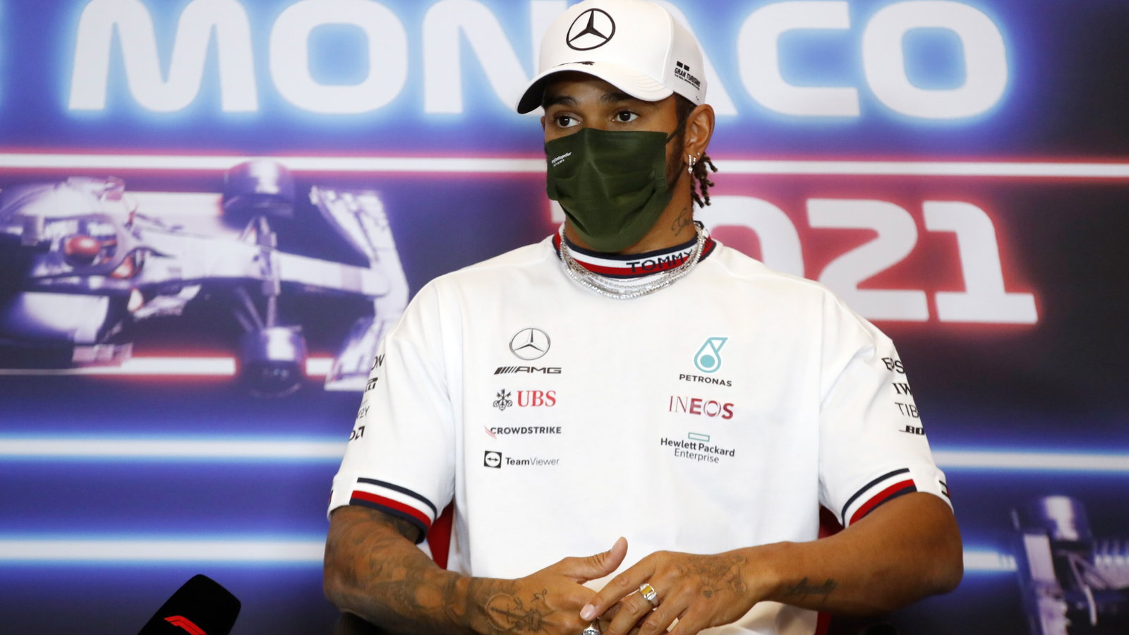 Lewis Hamilton (GBR) Mercedes AMG F1 in the FIA Press Conference.