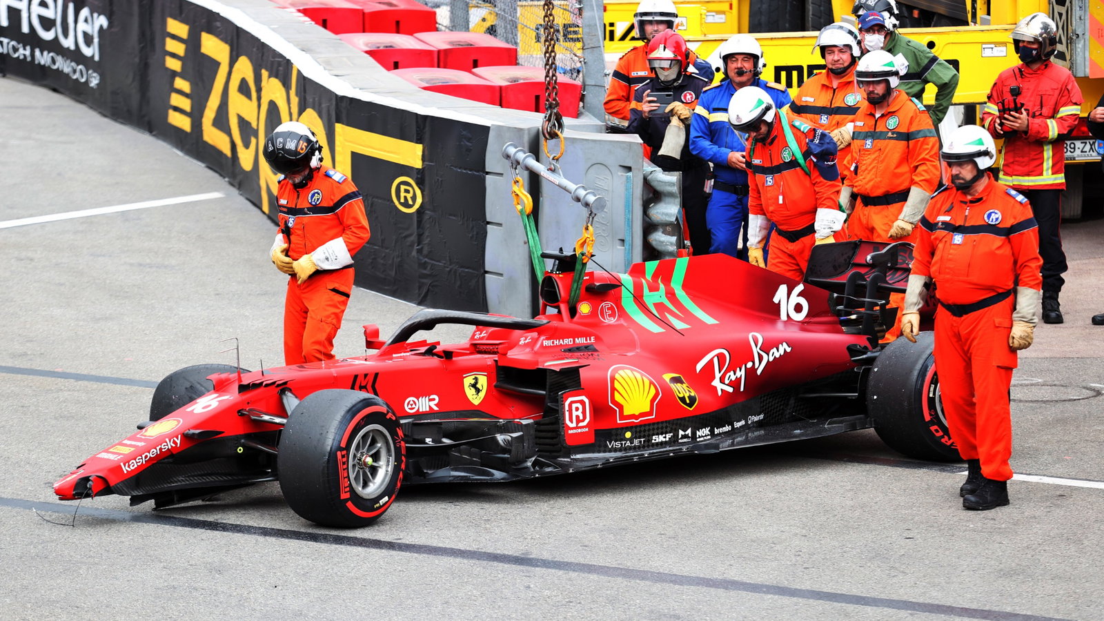 The damaged Ferrari SF-21 of pole sitter Charles Leclerc (MON) Ferrari, who crashed out at the end of qualifying.