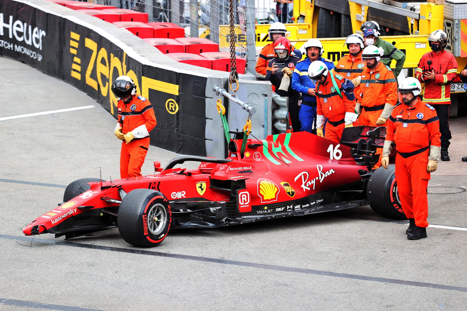 The damaged Ferrari SF-21 of pole sitter Charles Leclerc (MON) Ferrari, who crashed out at the end of qualifying.