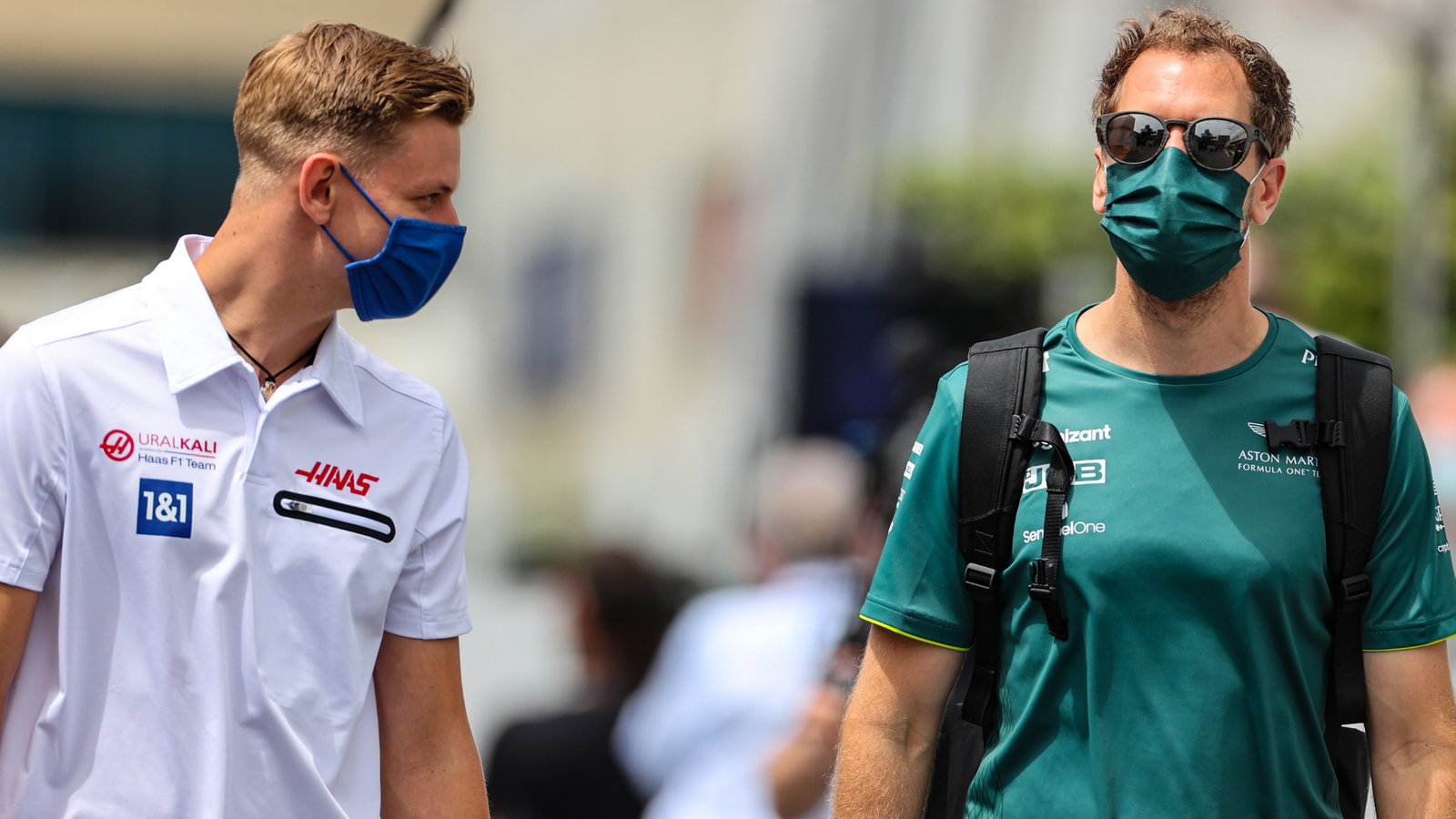 (L to R): Mick Schumacher (GER) Haas F1 Team with Sebastian Vettel (GER) Aston Martin F1 Team.