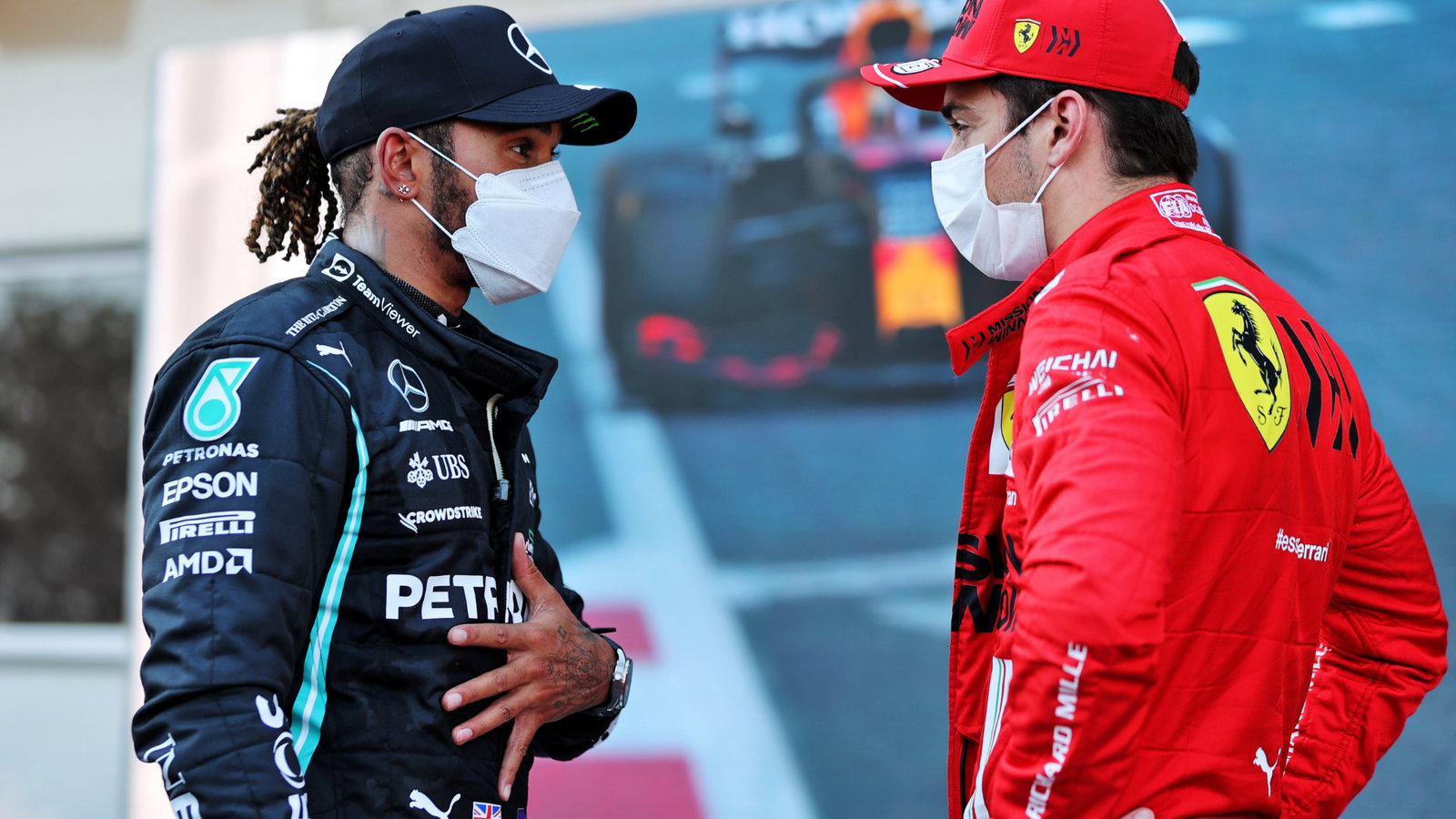 (L to R): Lewis Hamilton (GBR) Mercedes AMG F1 with Charles Leclerc (MON) Ferrari in qualifying parc ferme.