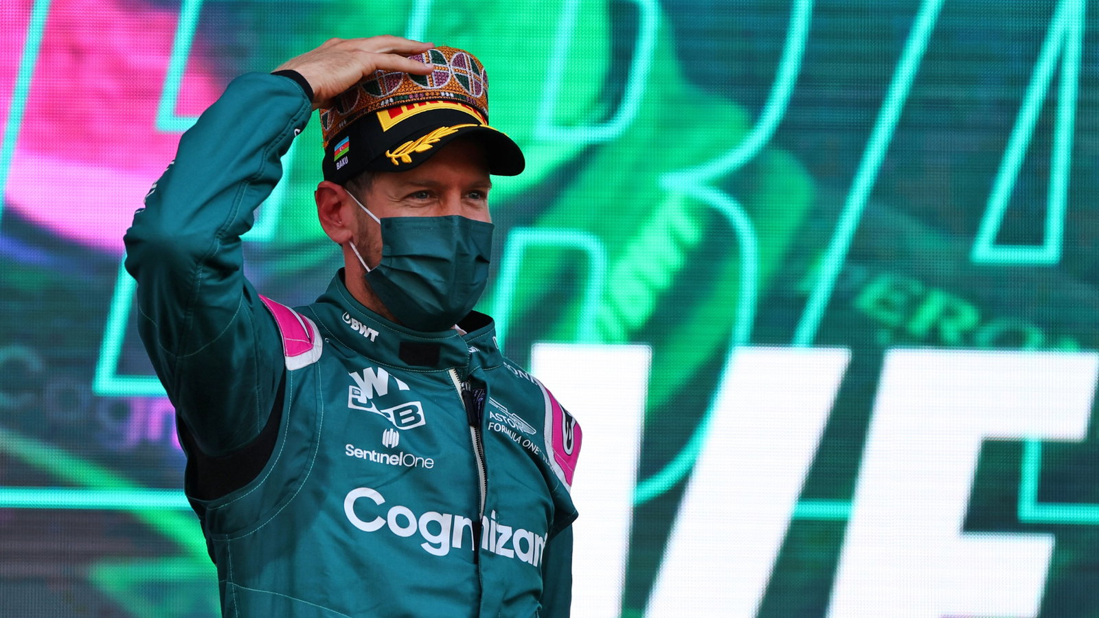 Sebastian Vettel (GER) Aston Martin F1 Team celebrates his second position on the podium.