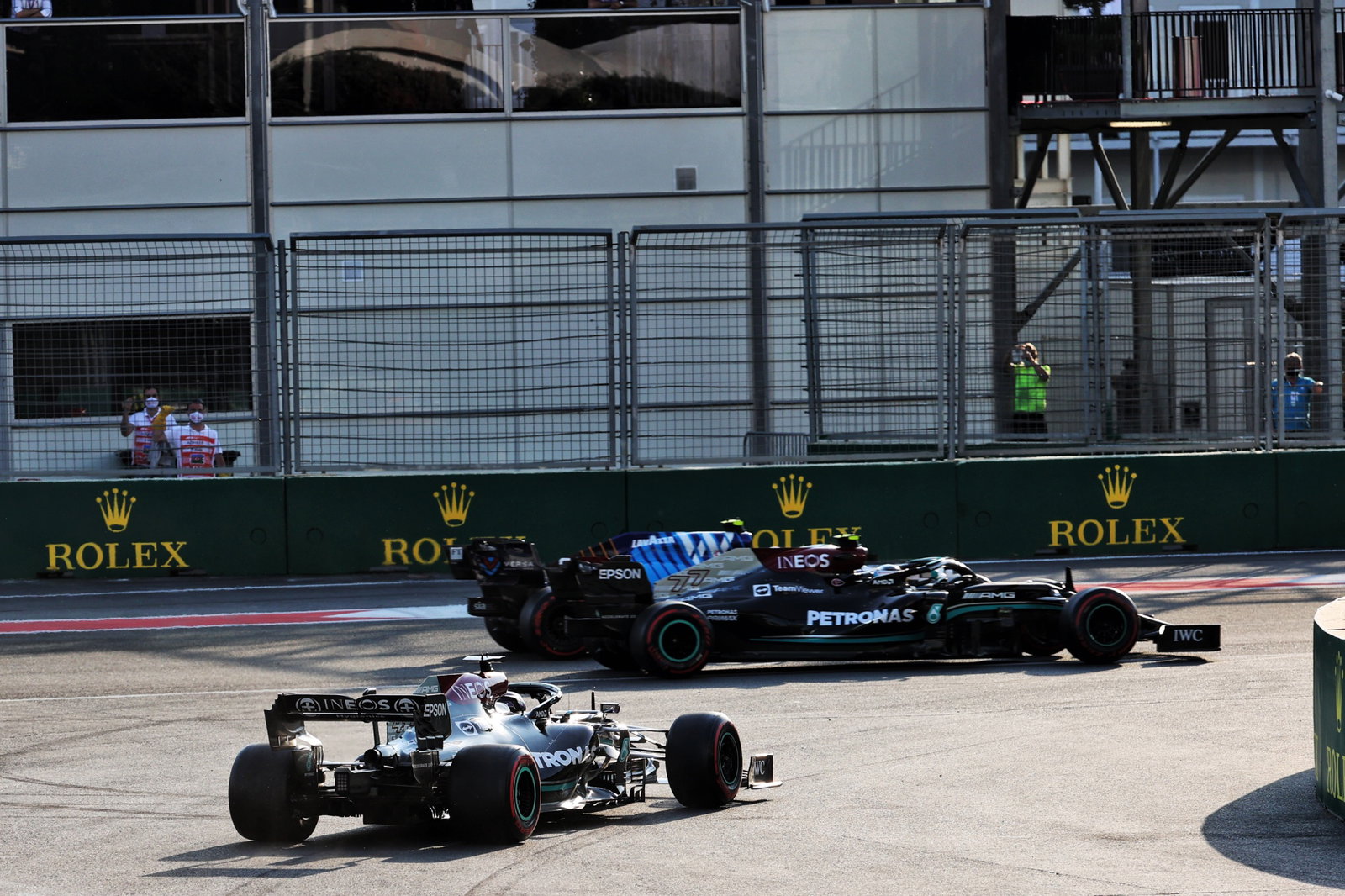 Lewis Hamilton (GBR) Mercedes AMG F1 W12 rejoins the circuit at the restart of the race.