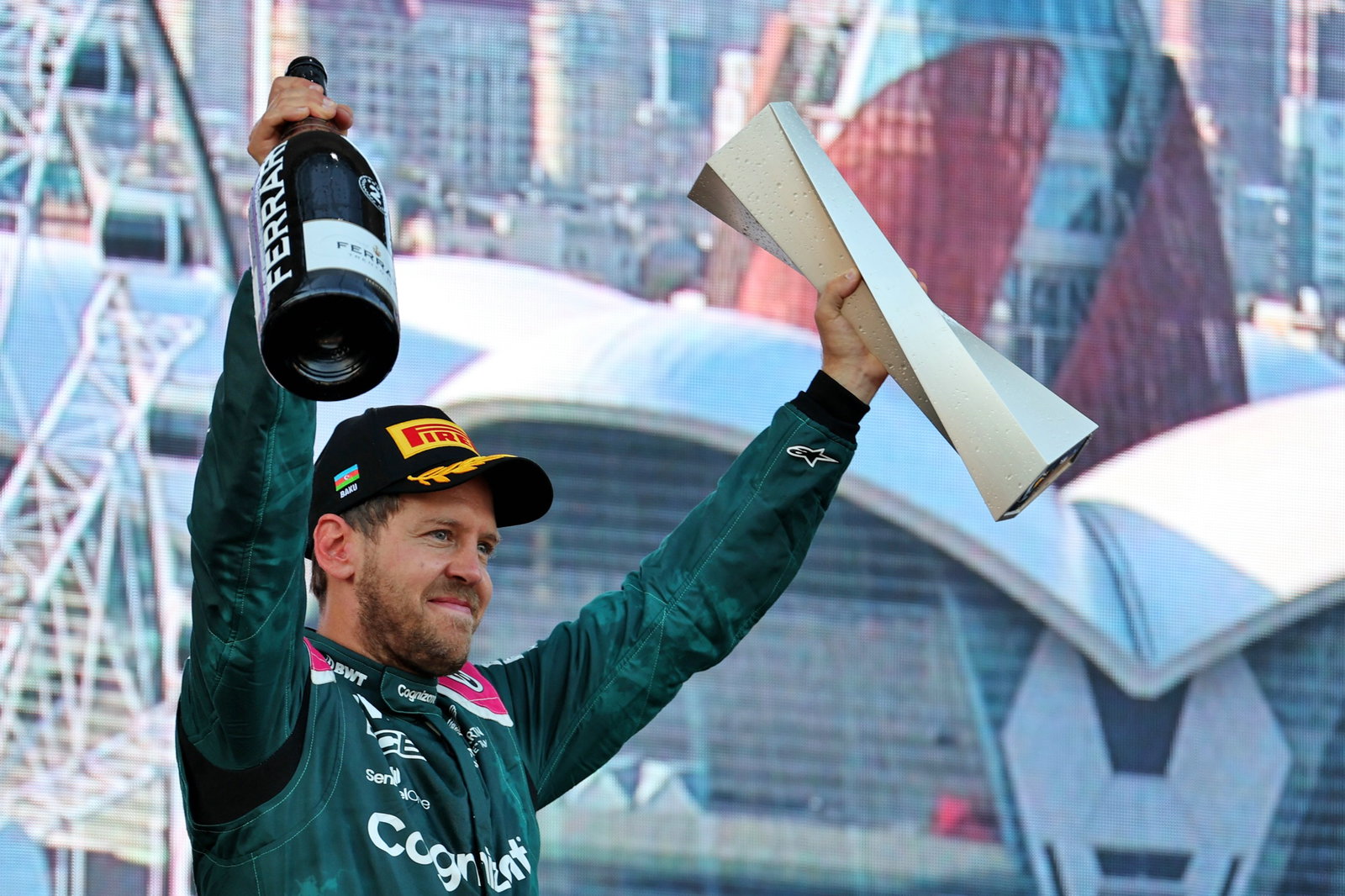 Sebastian Vettel (GER) Aston Martin F1 Team celebrates his second position on the podium.