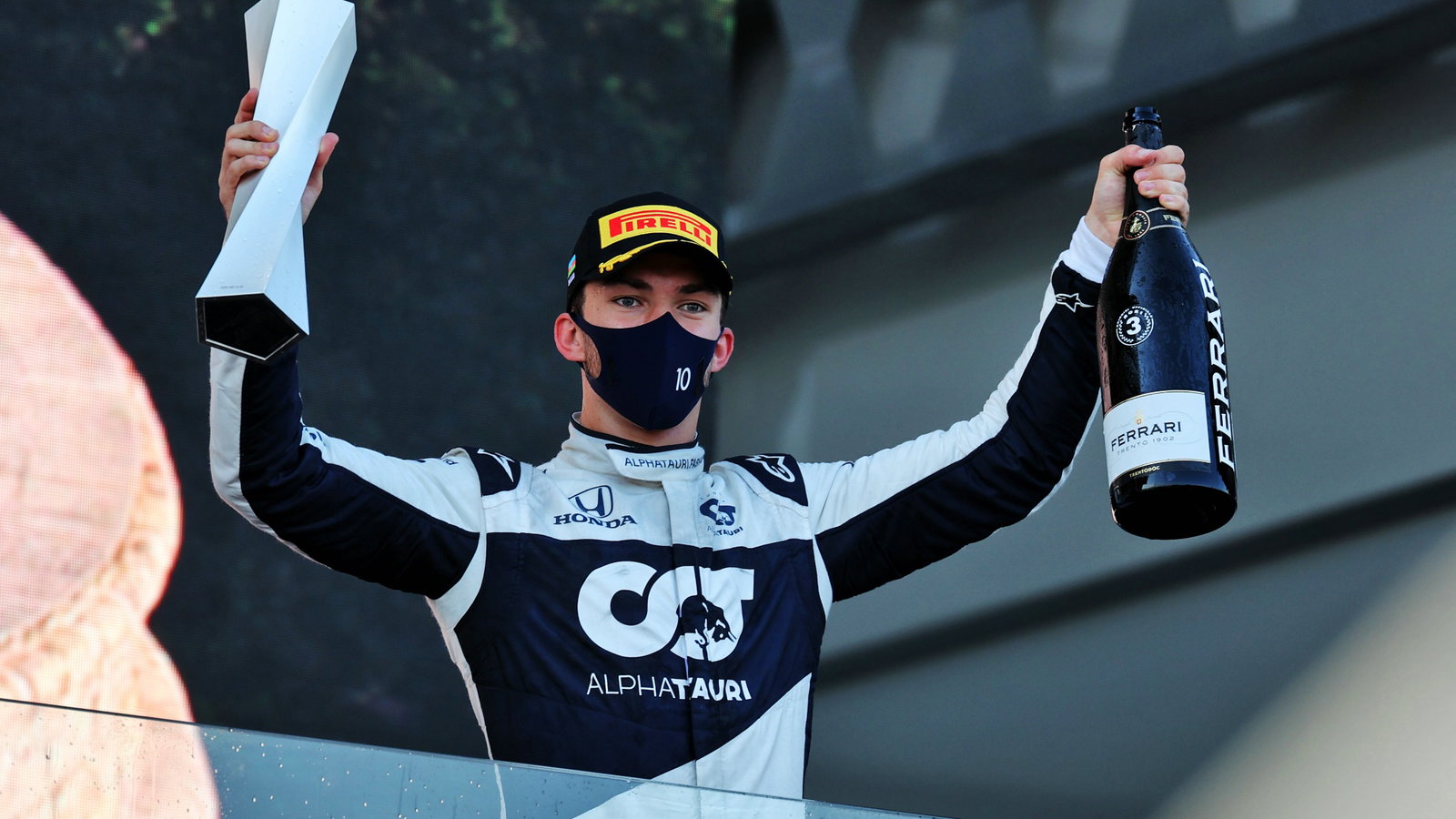 Pierre Gasly (FRA) AlphaTauri celebrates his third position on the podium.